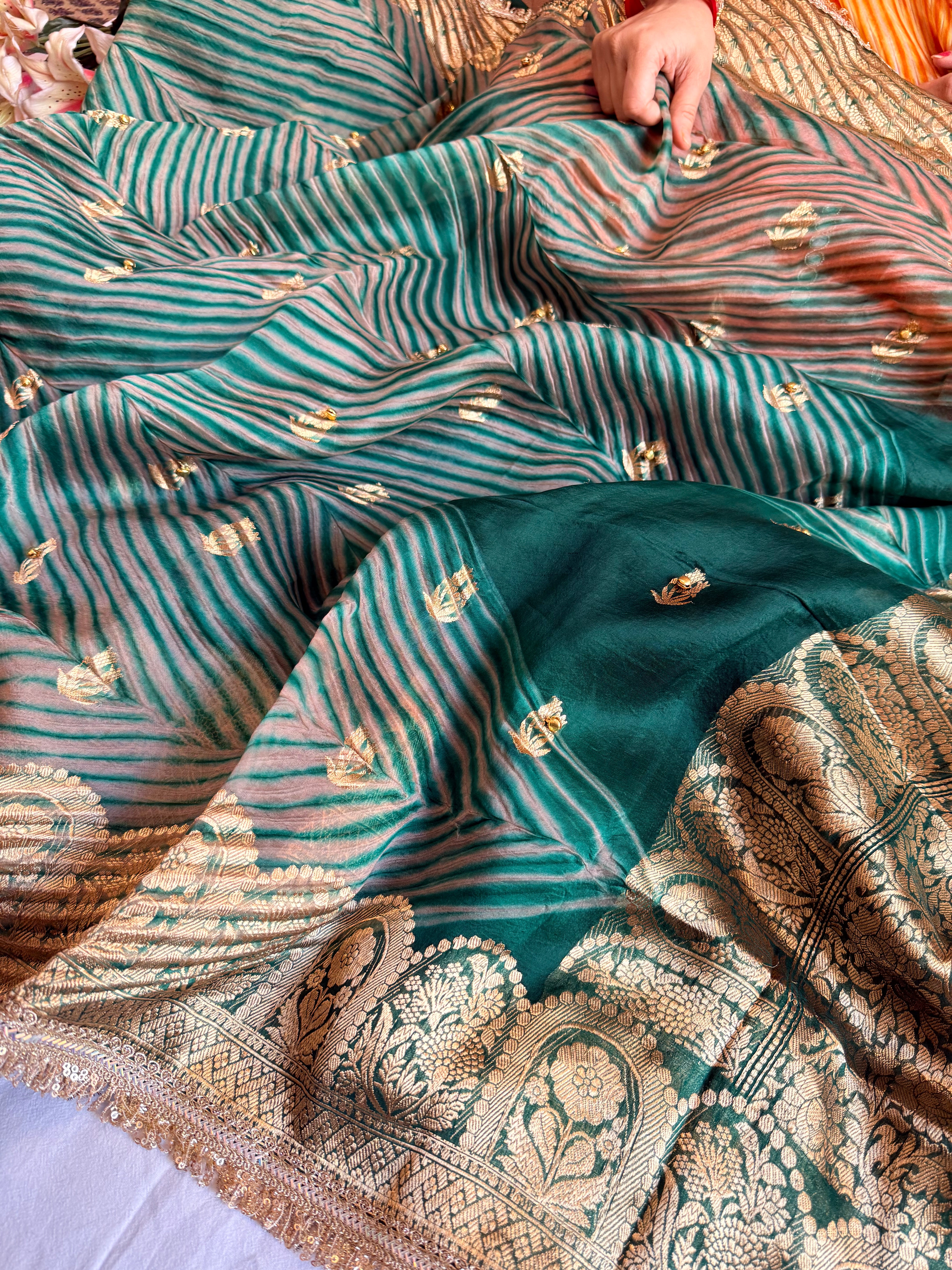 Bottle green banarasi kora silk arshi dyed kadhwa saree