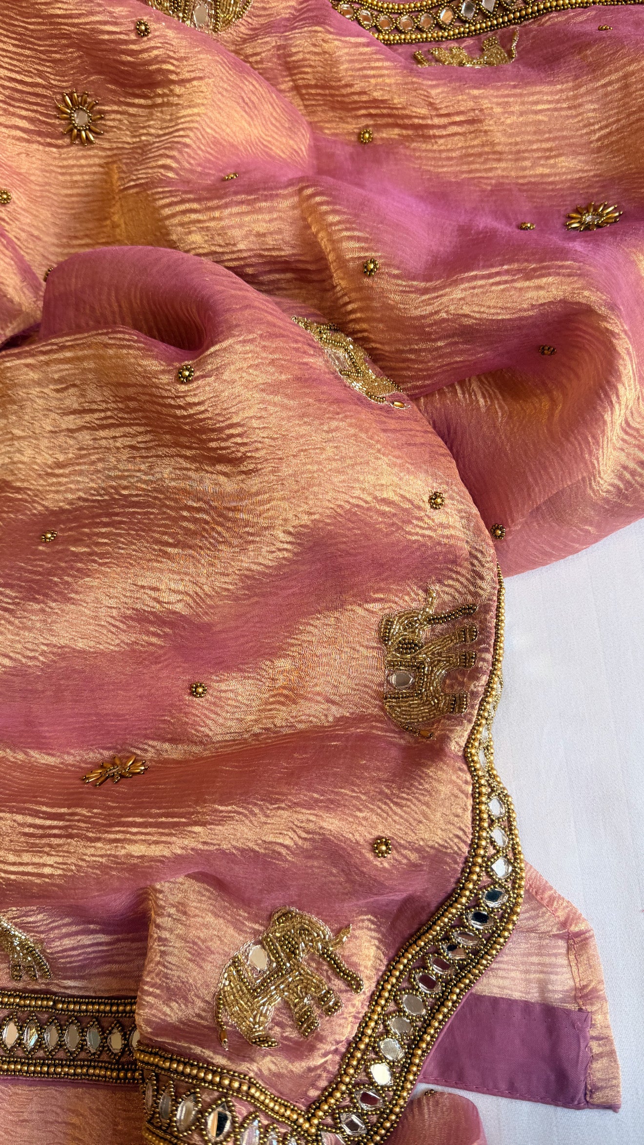 Mirrorwork edit blush pink crushed tissue silk hand embroidered saree