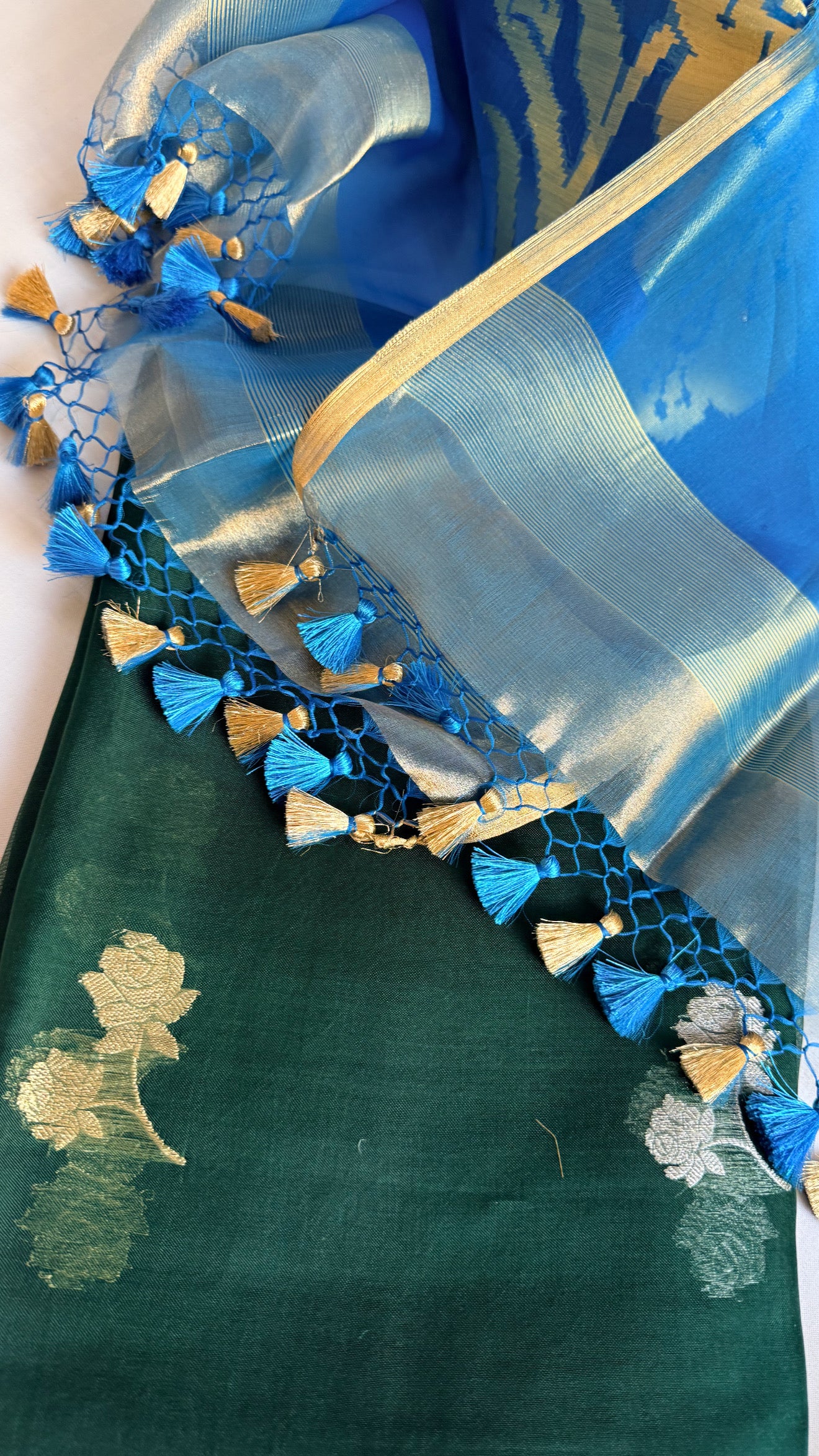 Peacock motif kora silk kadhwa blue-bottle green combination suit set