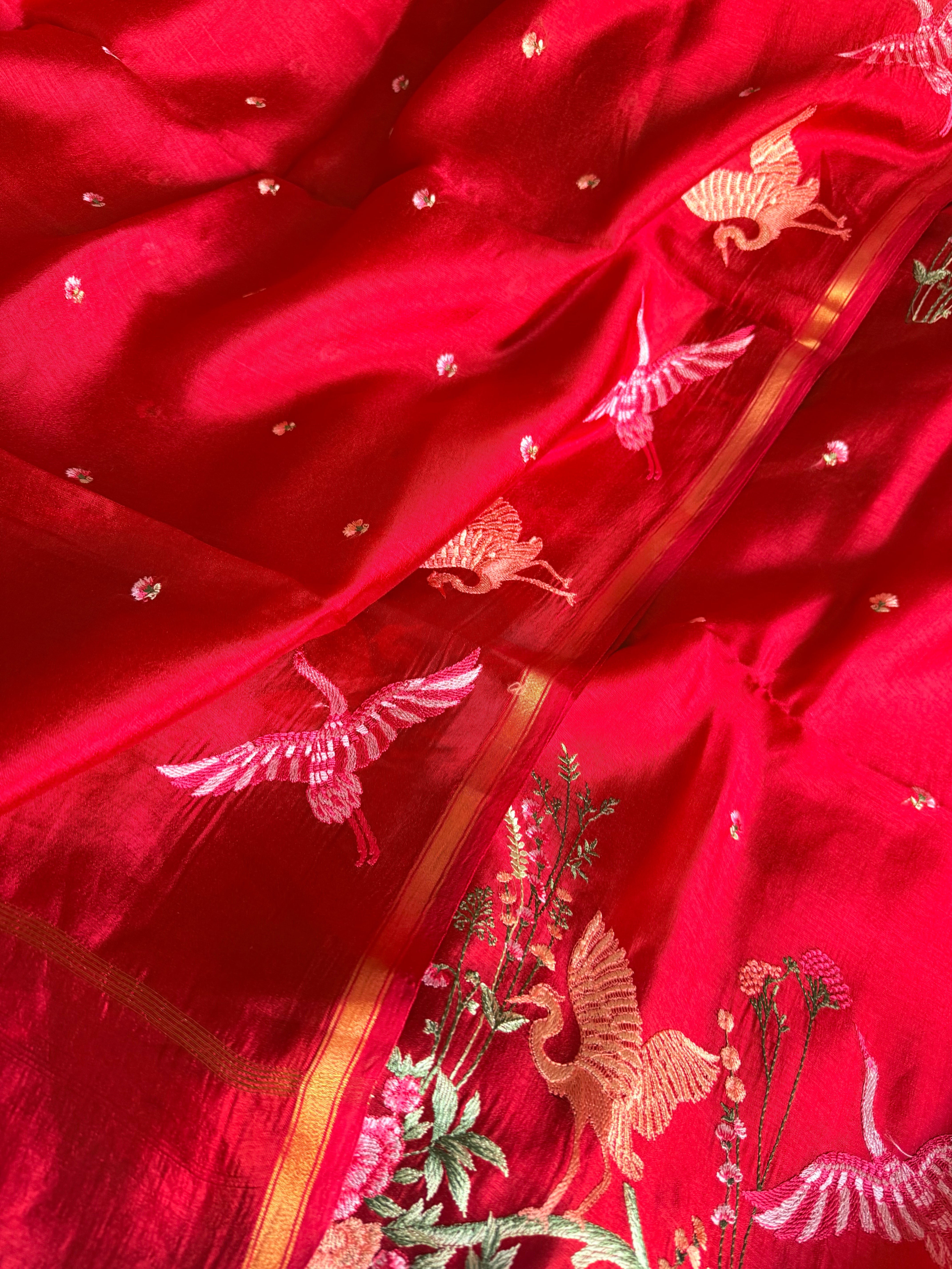 Suits under 10k - Spun chiniya silk parsi gara hand embroidered suit set