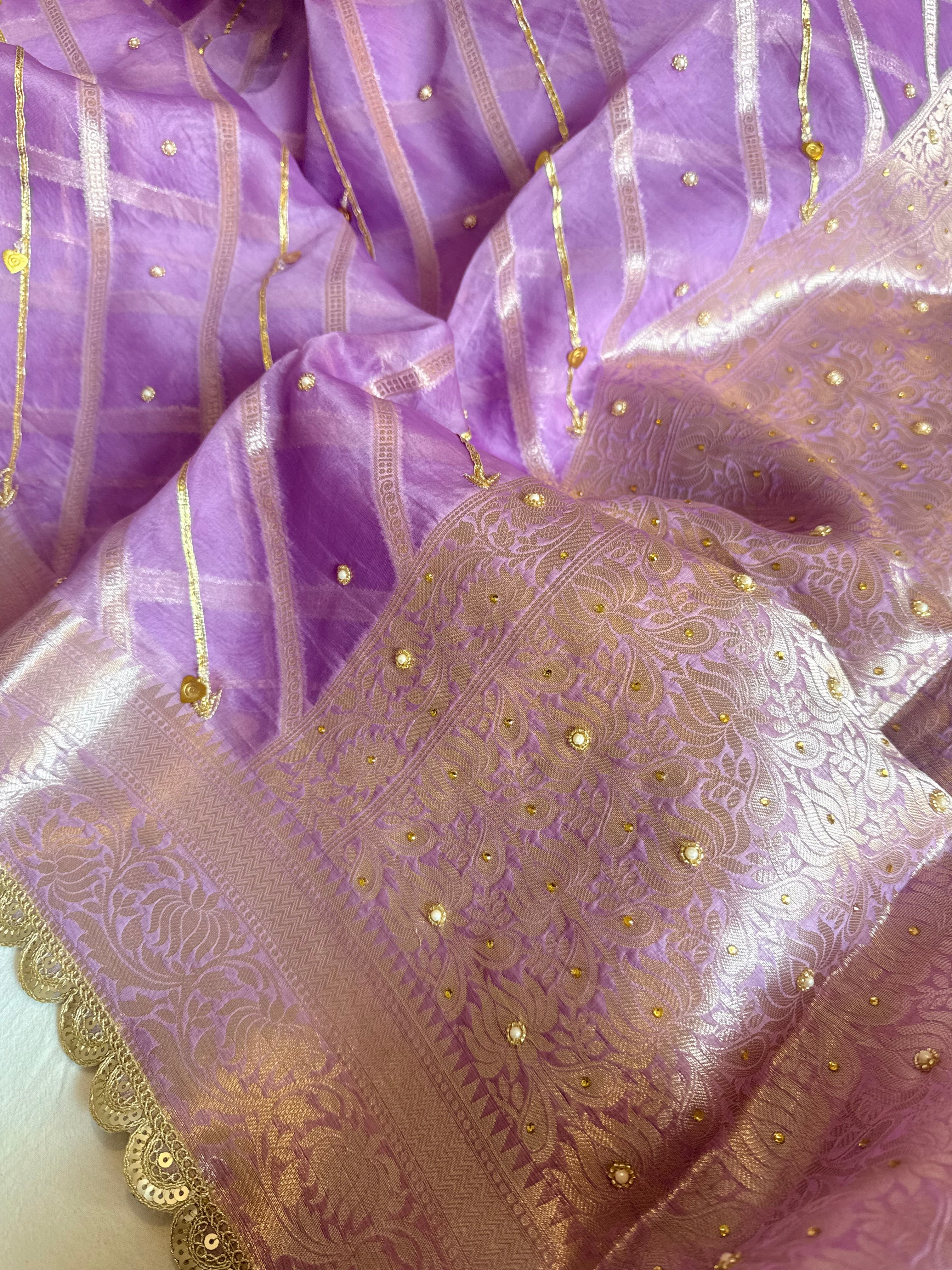 Kora silk kadhwa striped gotapatti work hand embroidered saree