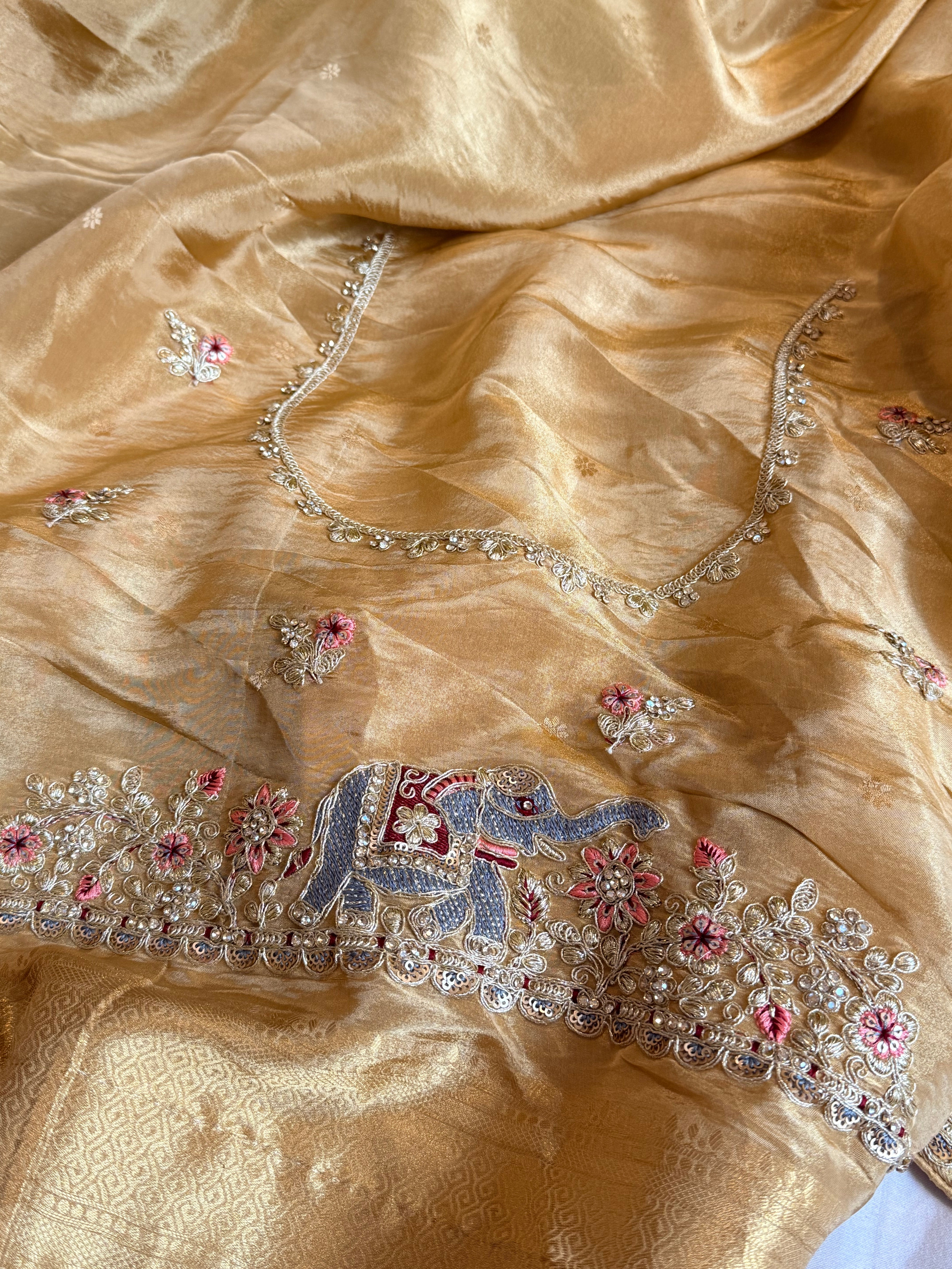 Butter gold hathi wali crepe tissue silk embroidered saree