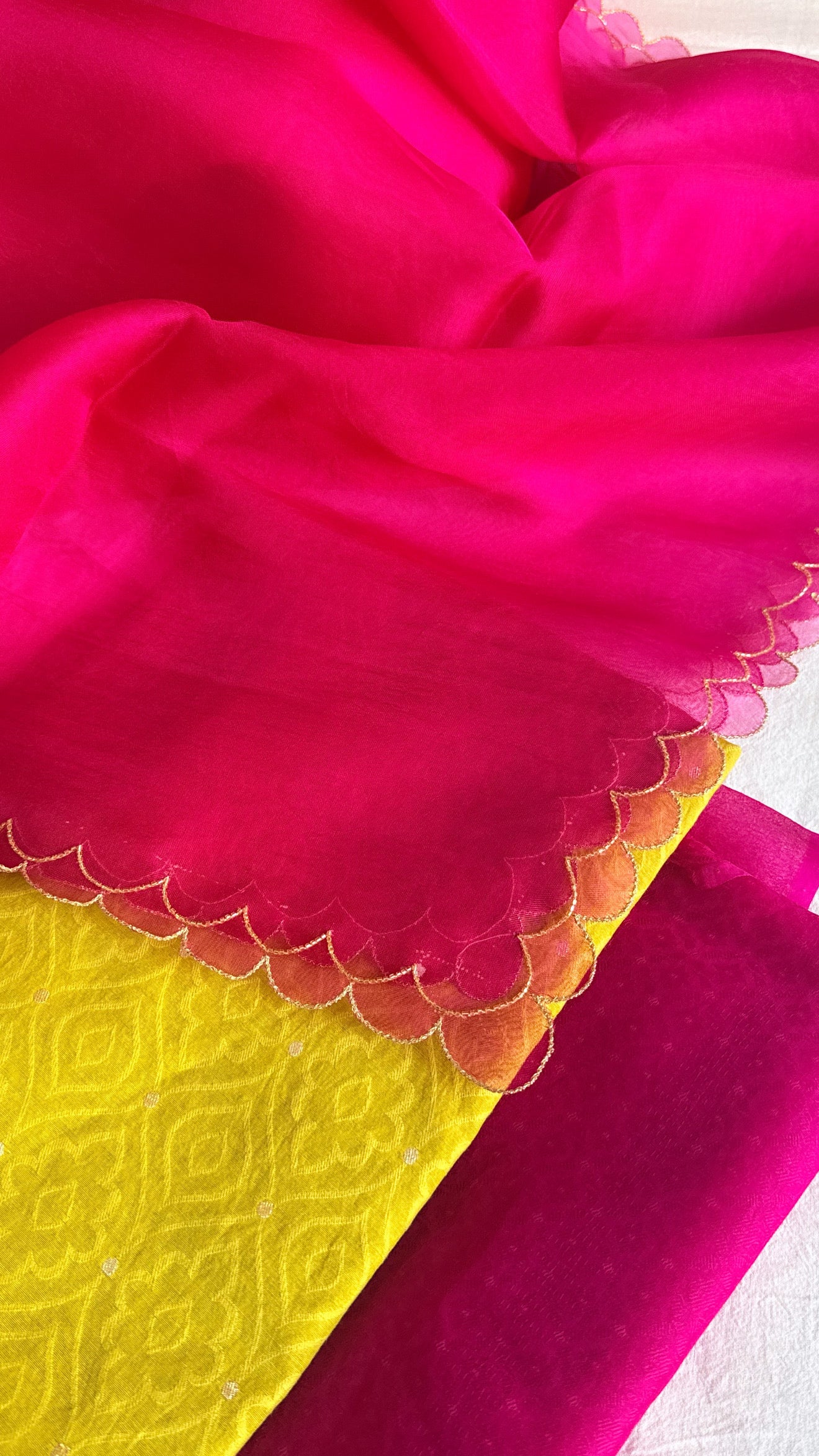 Summer suits under 8k - Mul cotton yellow kurta paired with rani scalloped kora silk duppata