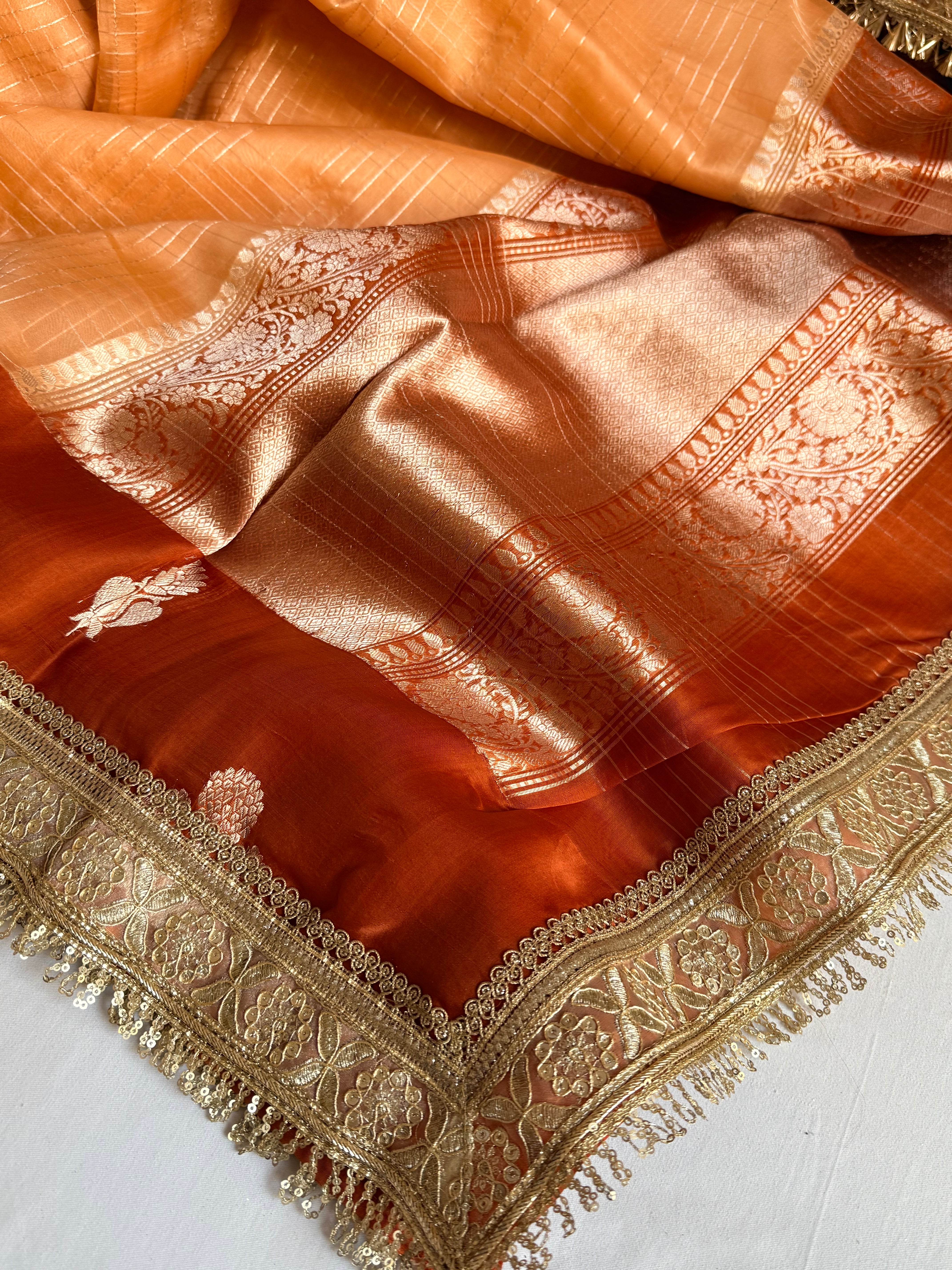 Banarasi leela burnt orange-red kora silk kadhwa saree