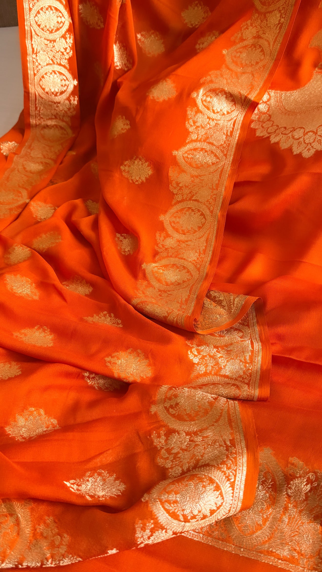 Neck & Pocket weaving - Chiffon gorgette fanta orange kadhwa weaving suit set