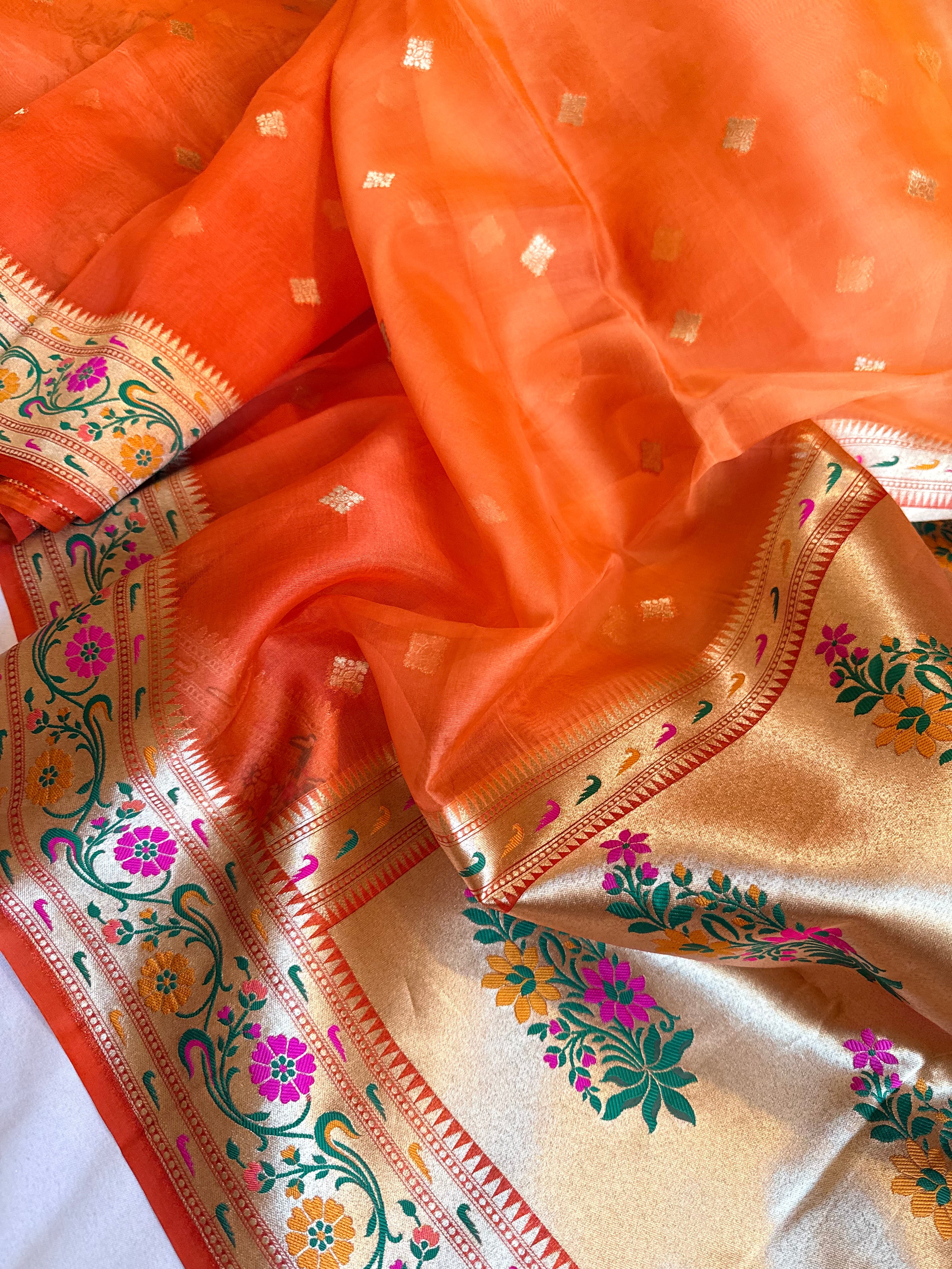 Fanta orange shaded paithani border kadhwa border handloom saree