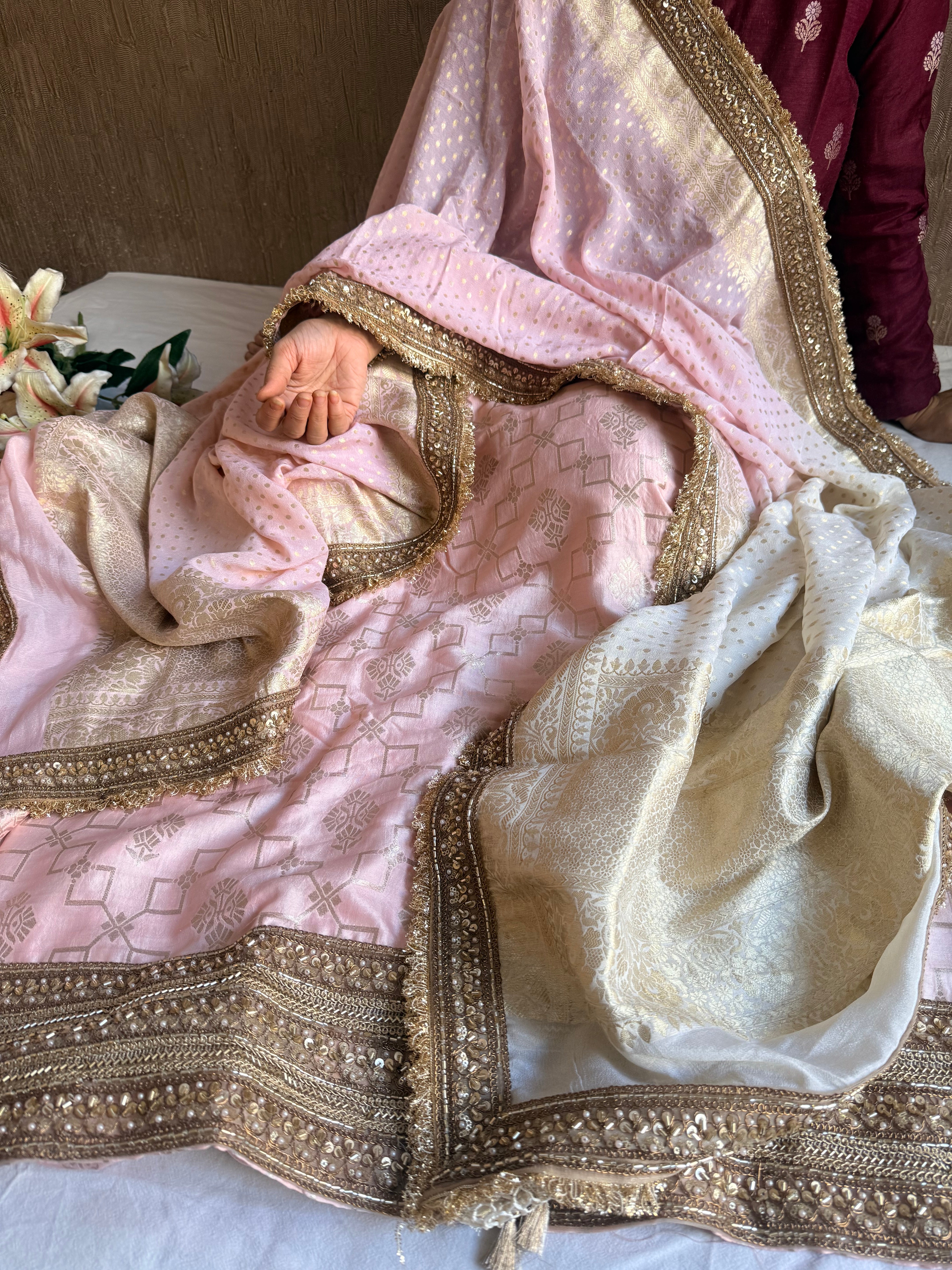 Blush pink - sage green moonga silk zardozi hand embroidered suit sets