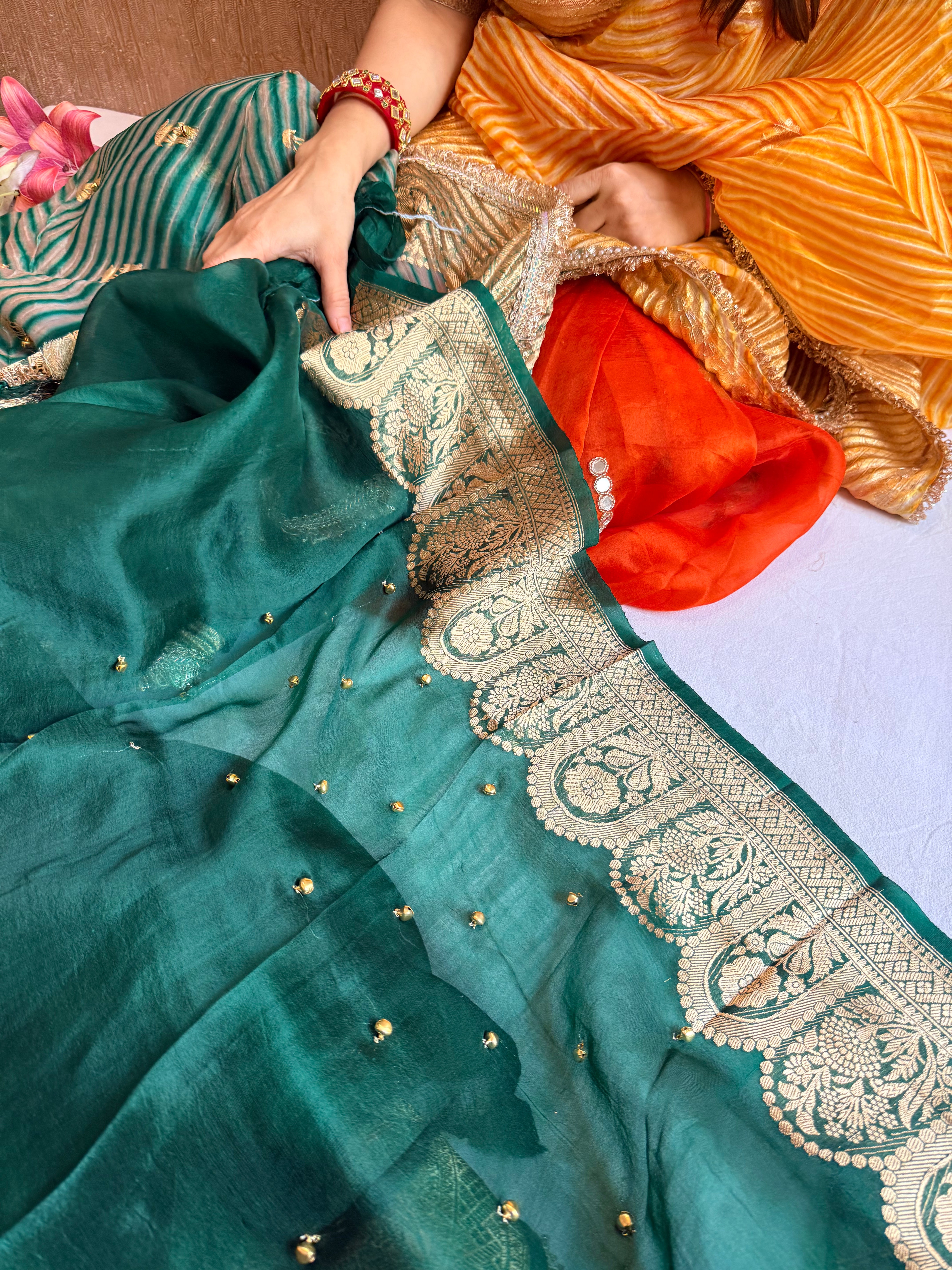 Bottle green banarasi kora silk arshi dyed kadhwa saree