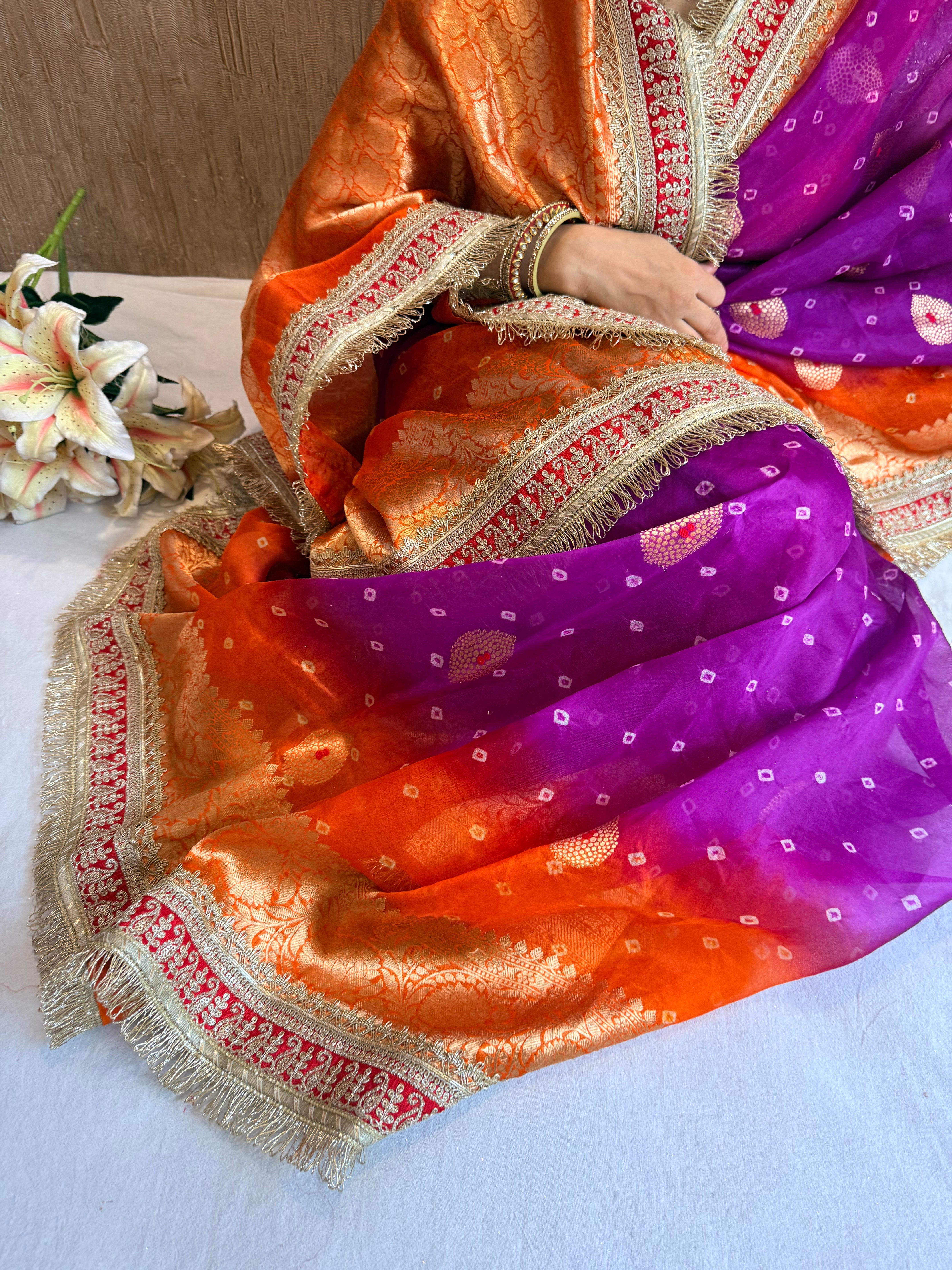 Mayra wali saree - Kora silk bandhej work meenakari gotapatti saree