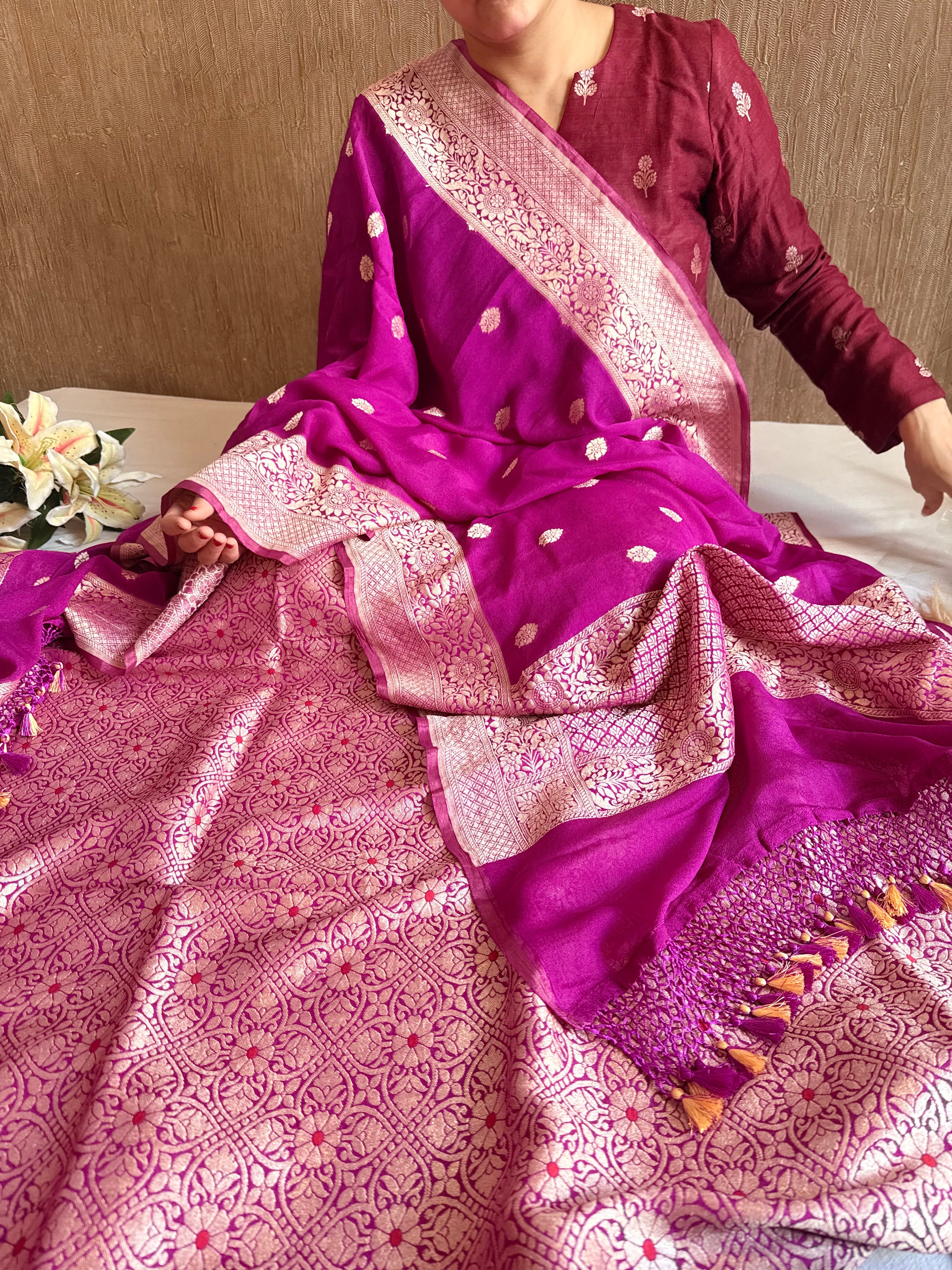 Purple moonga brocade ambose meenakari suit set