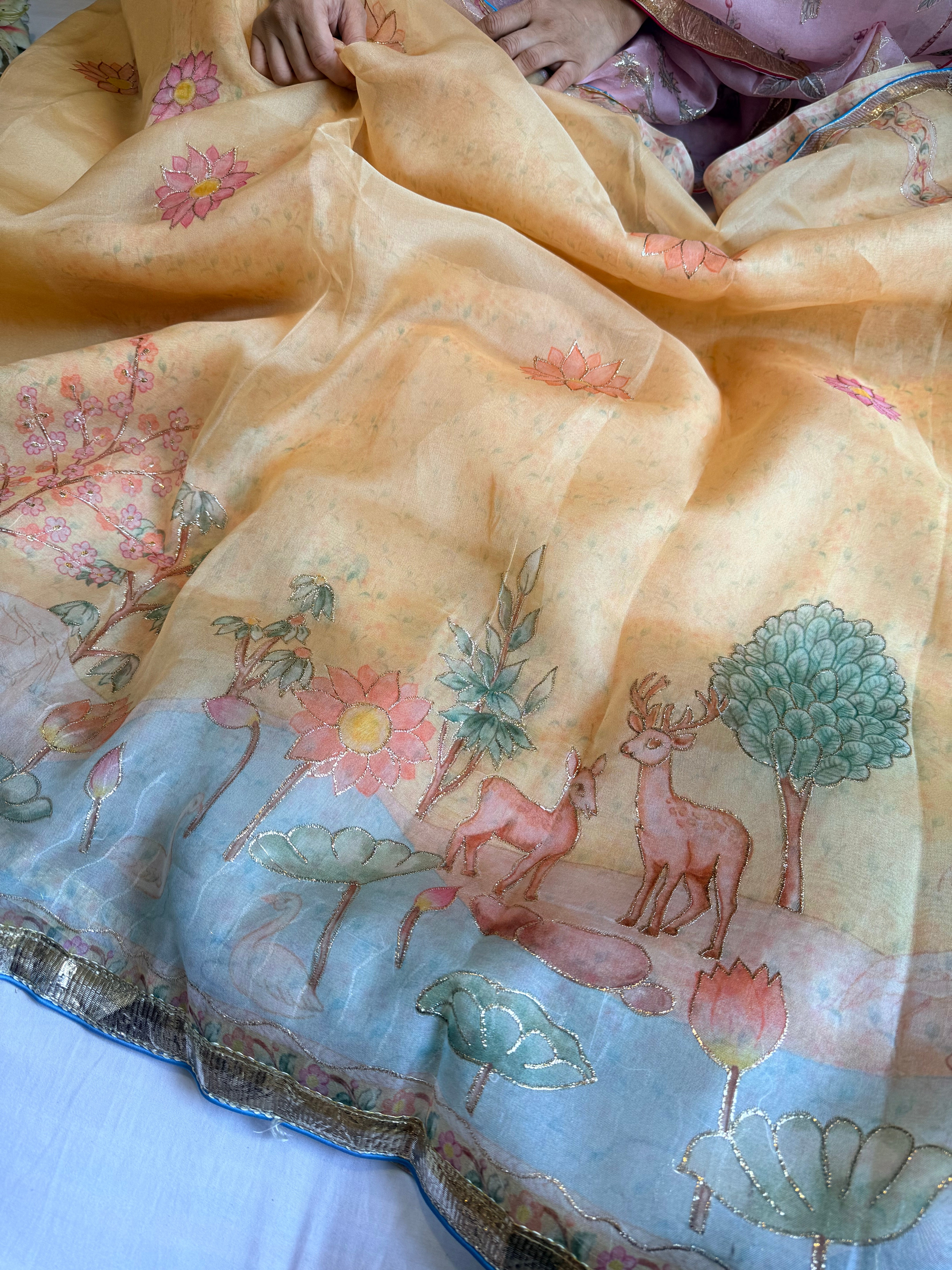 Kora silk printed lampi gotapatti hand embroidered saree