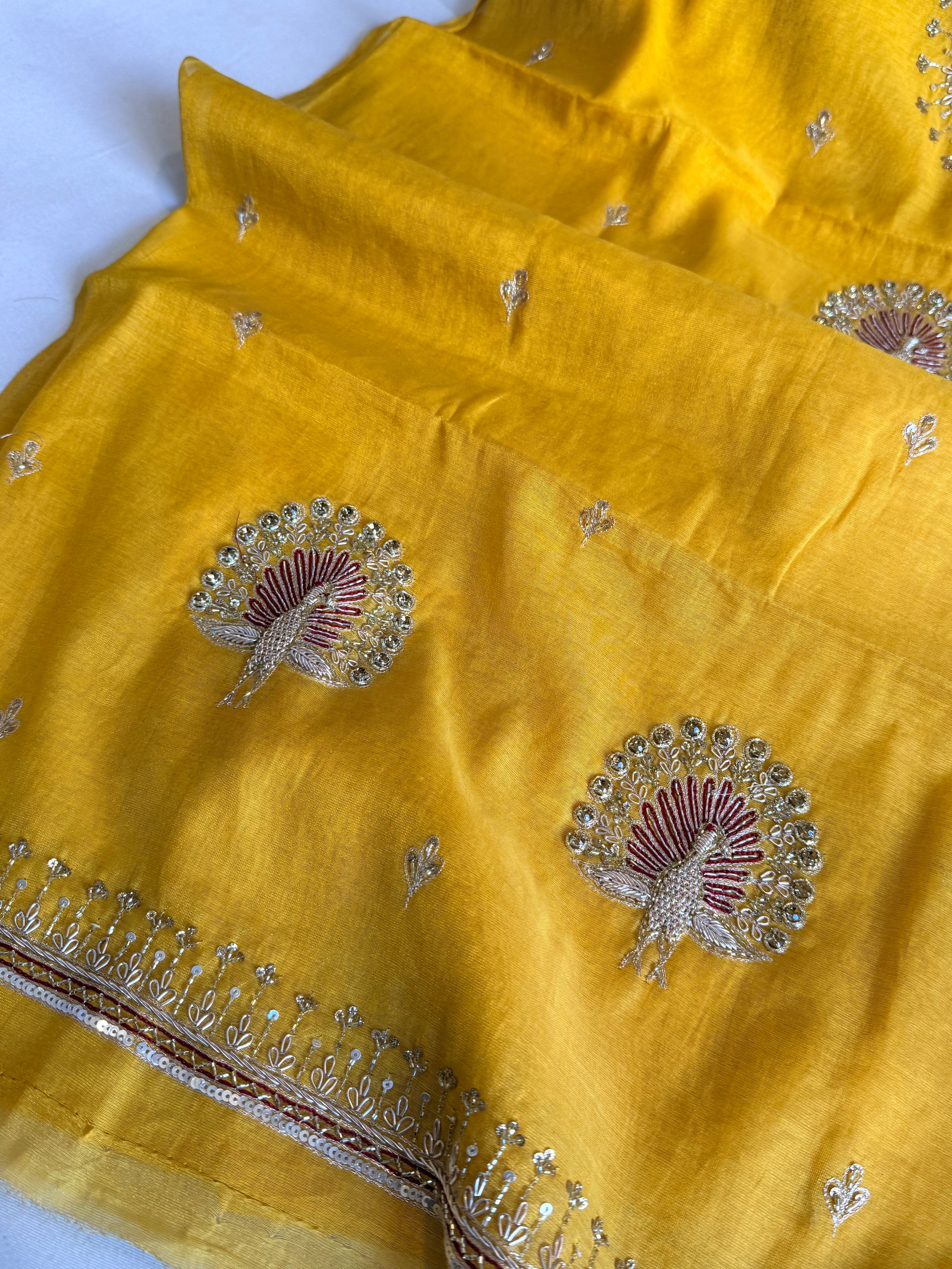 Haldi yellow mul cotton tissue hand embroidered kadhwa suit set