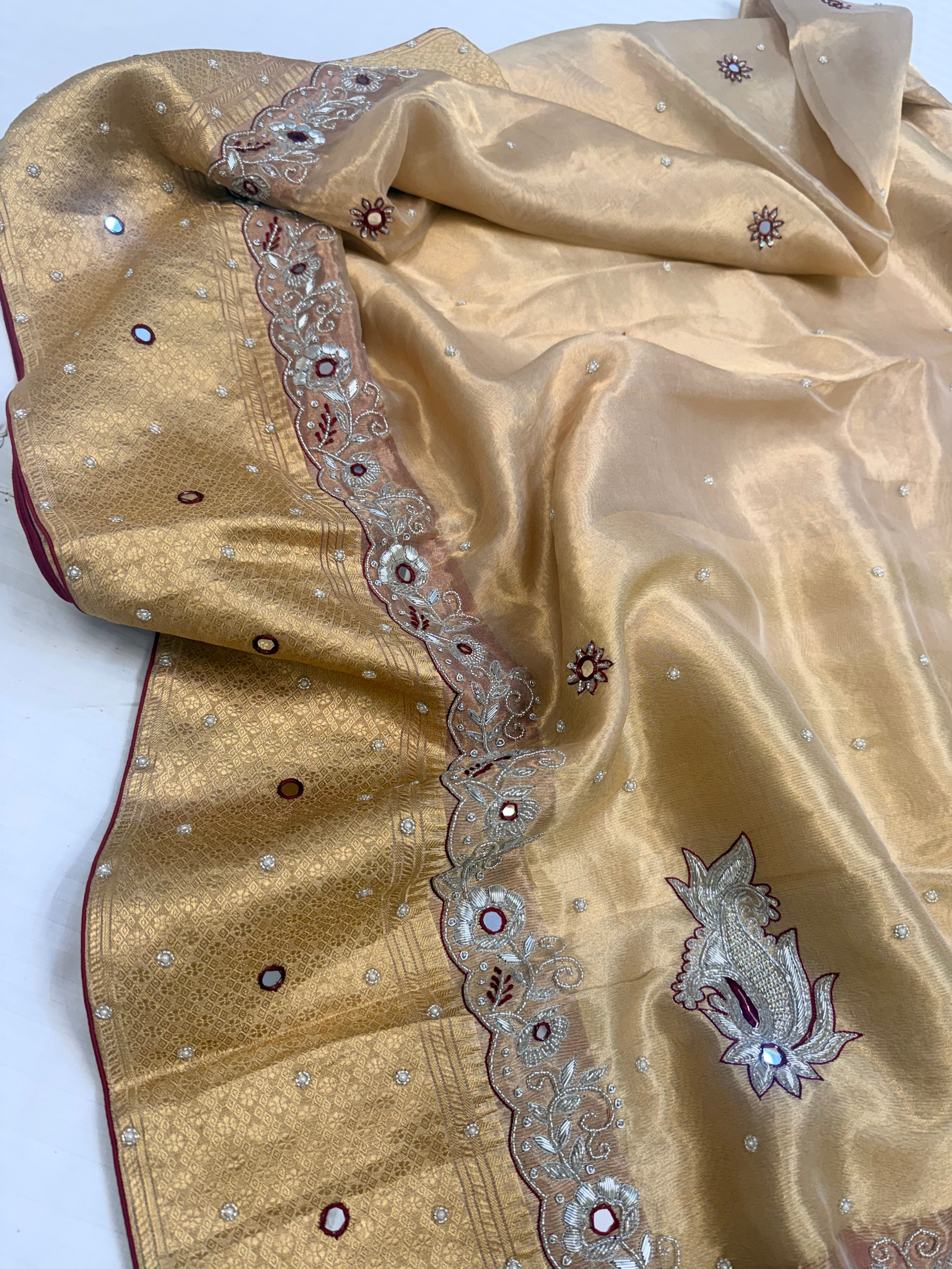 Soft gold husn tissue silk meenakari hand embroidered kadhwa saree
