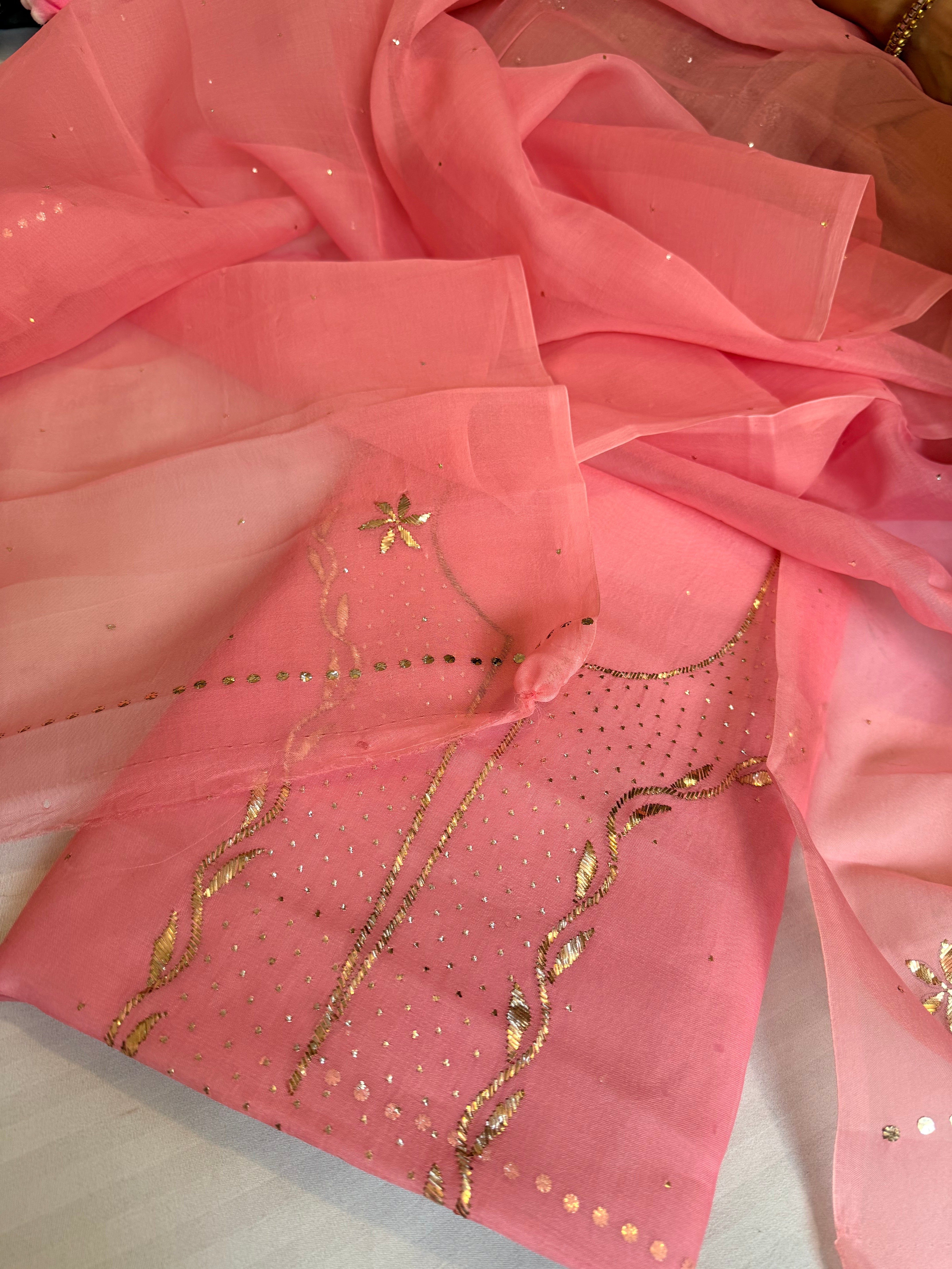 Banarasi peach 60gm kora silk mukaish work hand embroidered suit set