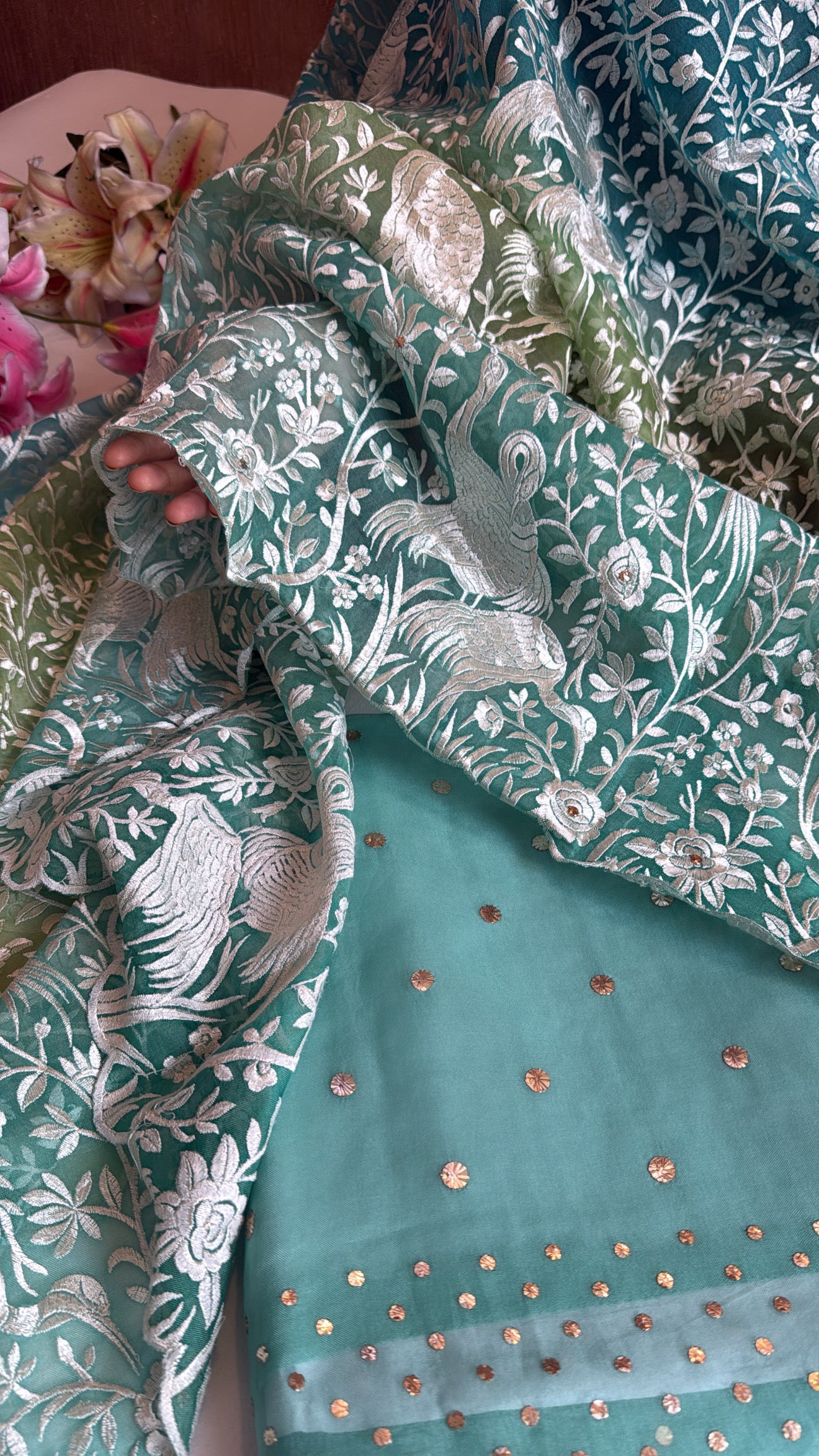 Shades of blue green - Parsi gara kora silk resham and mukaish work hand embroidered suits