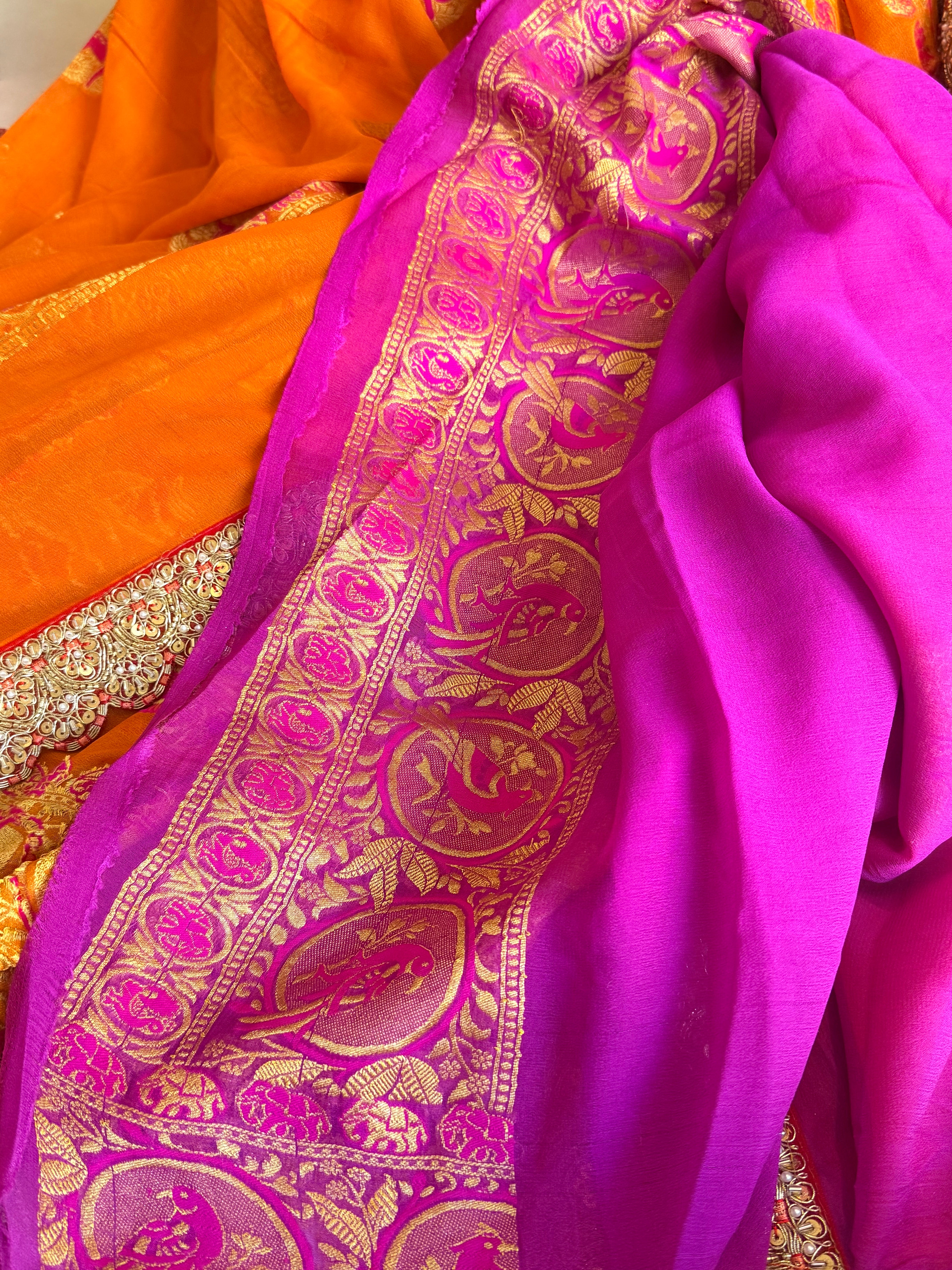 Juicy orange shikargah kadhwa border chiffon gorgette banarasi saree