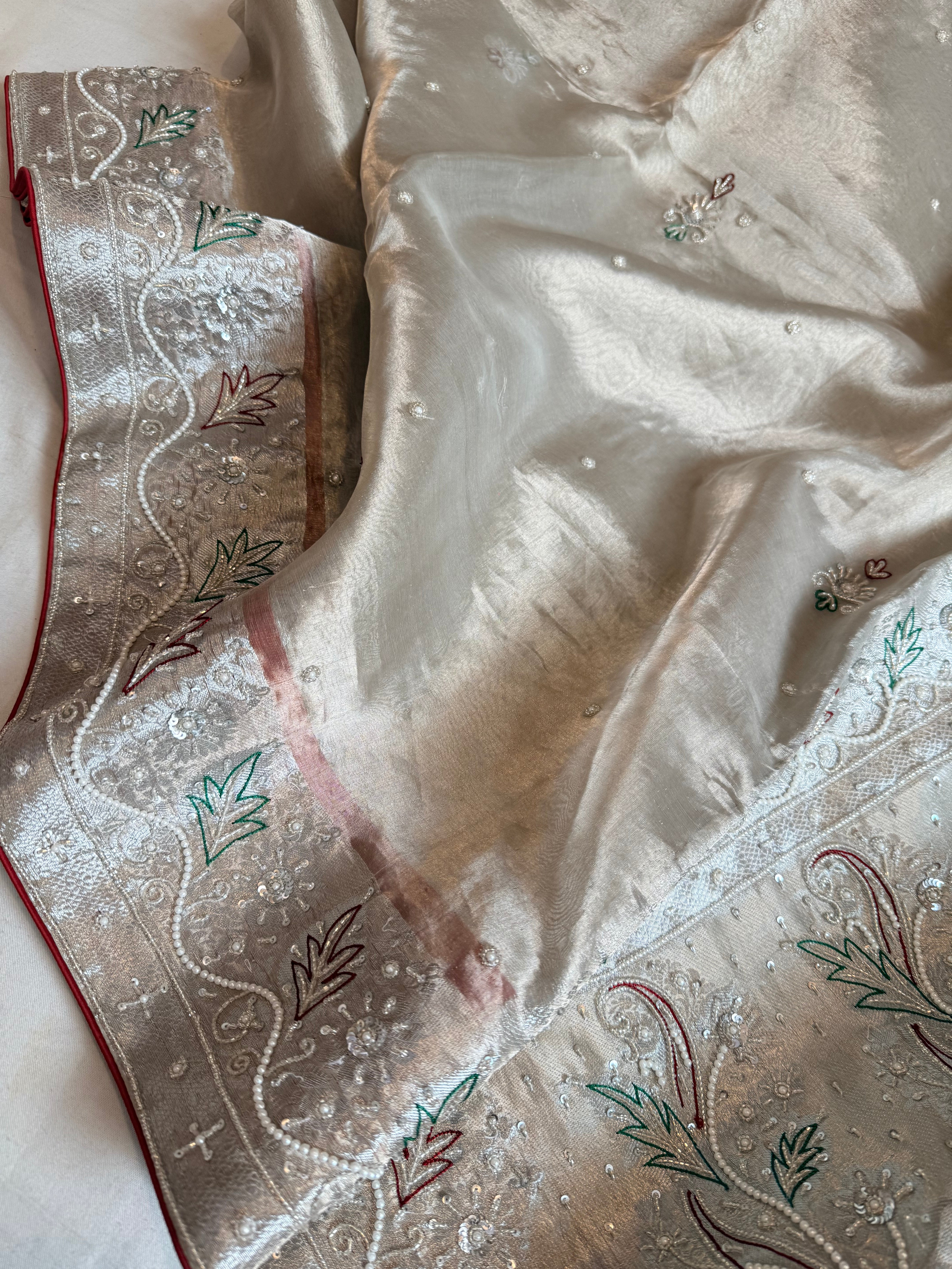 Dulhan wali saree edit silver tissue silk hand embroidered saree