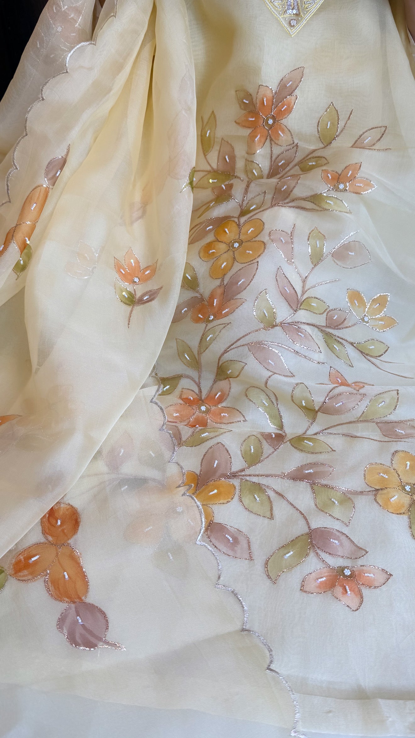 Baagicha edit - Banarasi kora silk handpainted floral hand embroidered suit set