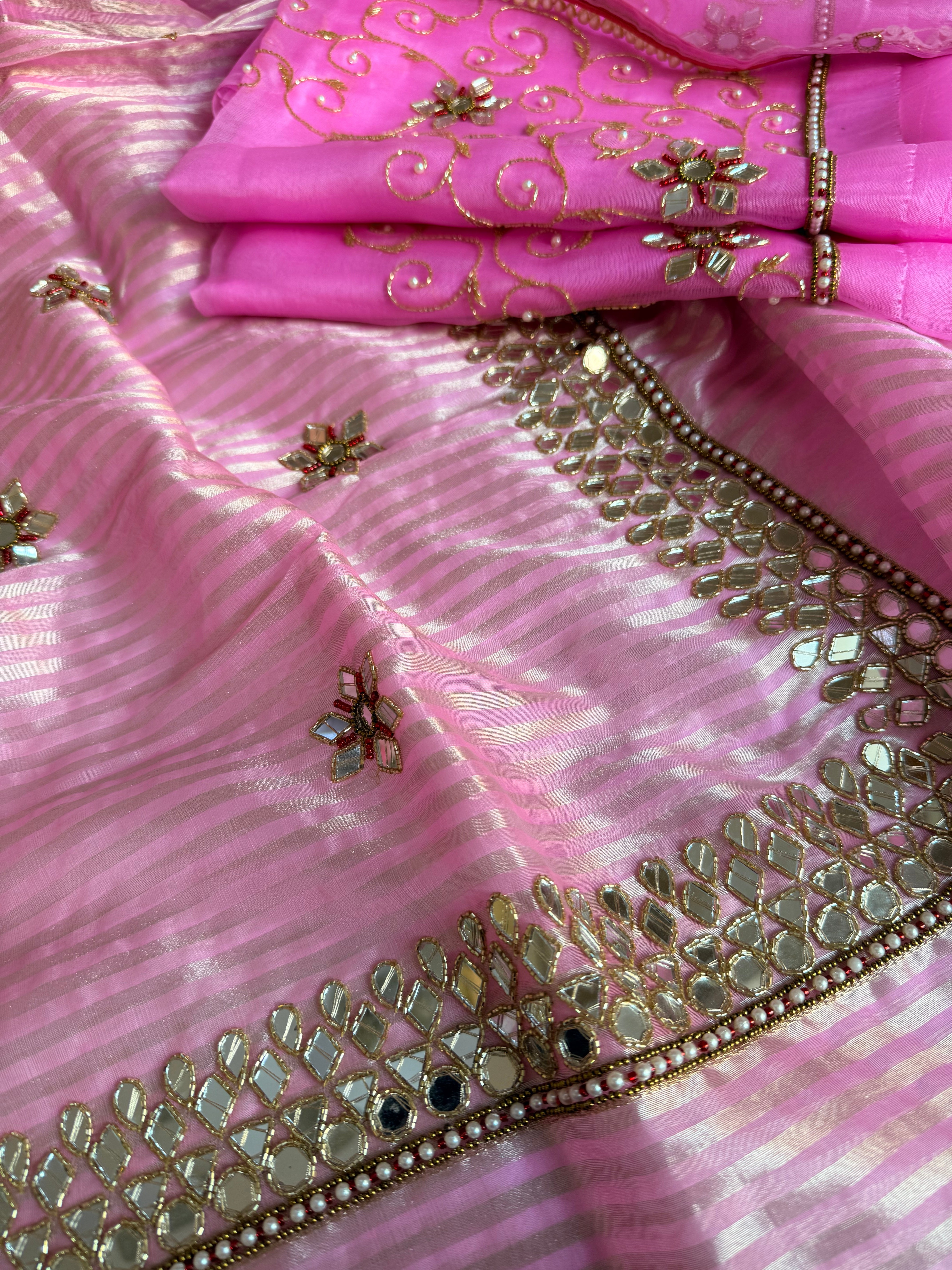 Kora silk silver zari striped mirror work edit hand embroidered kadhwa suit set