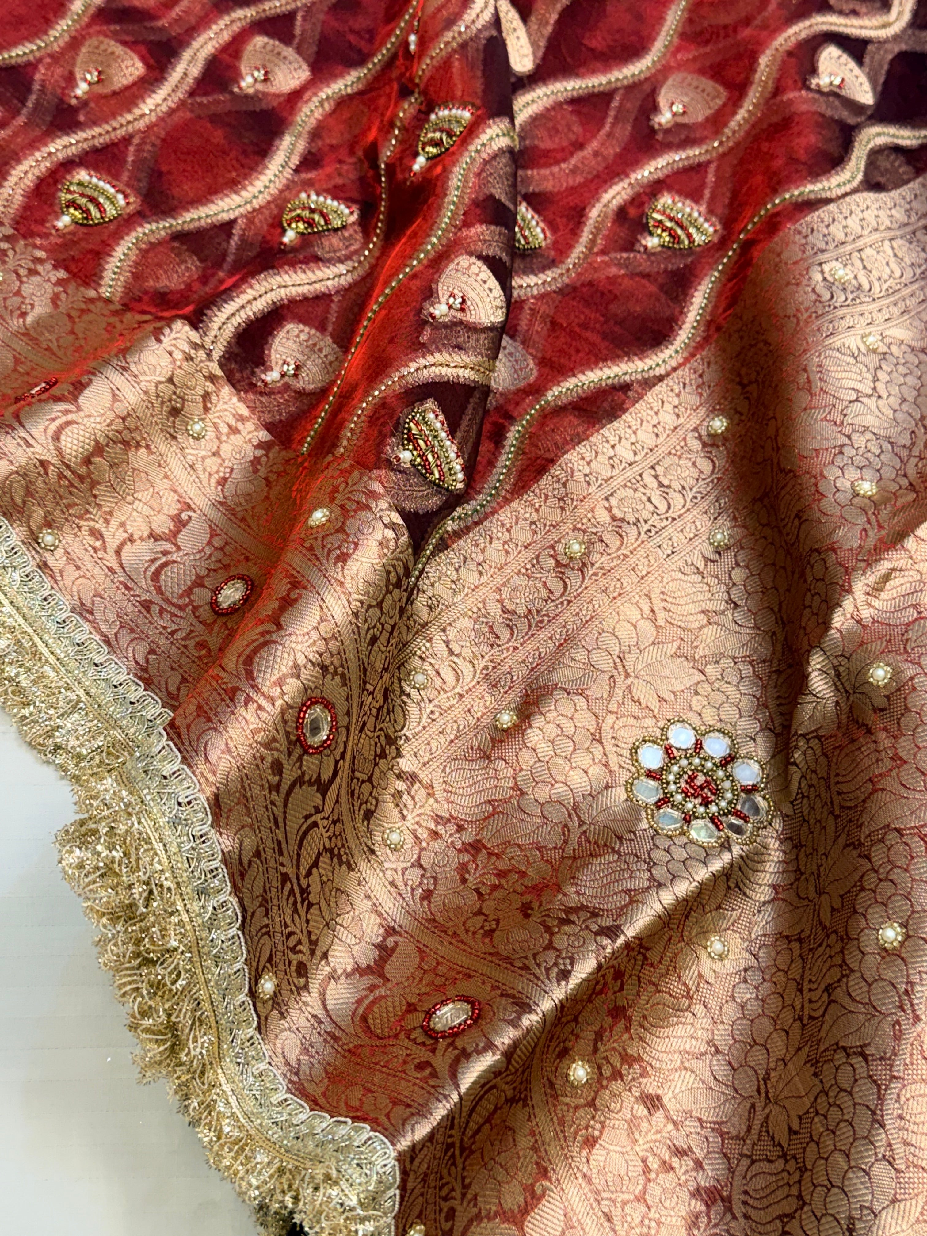 Blood metallic red husn jaalwork tissue silk hand embroidered saree