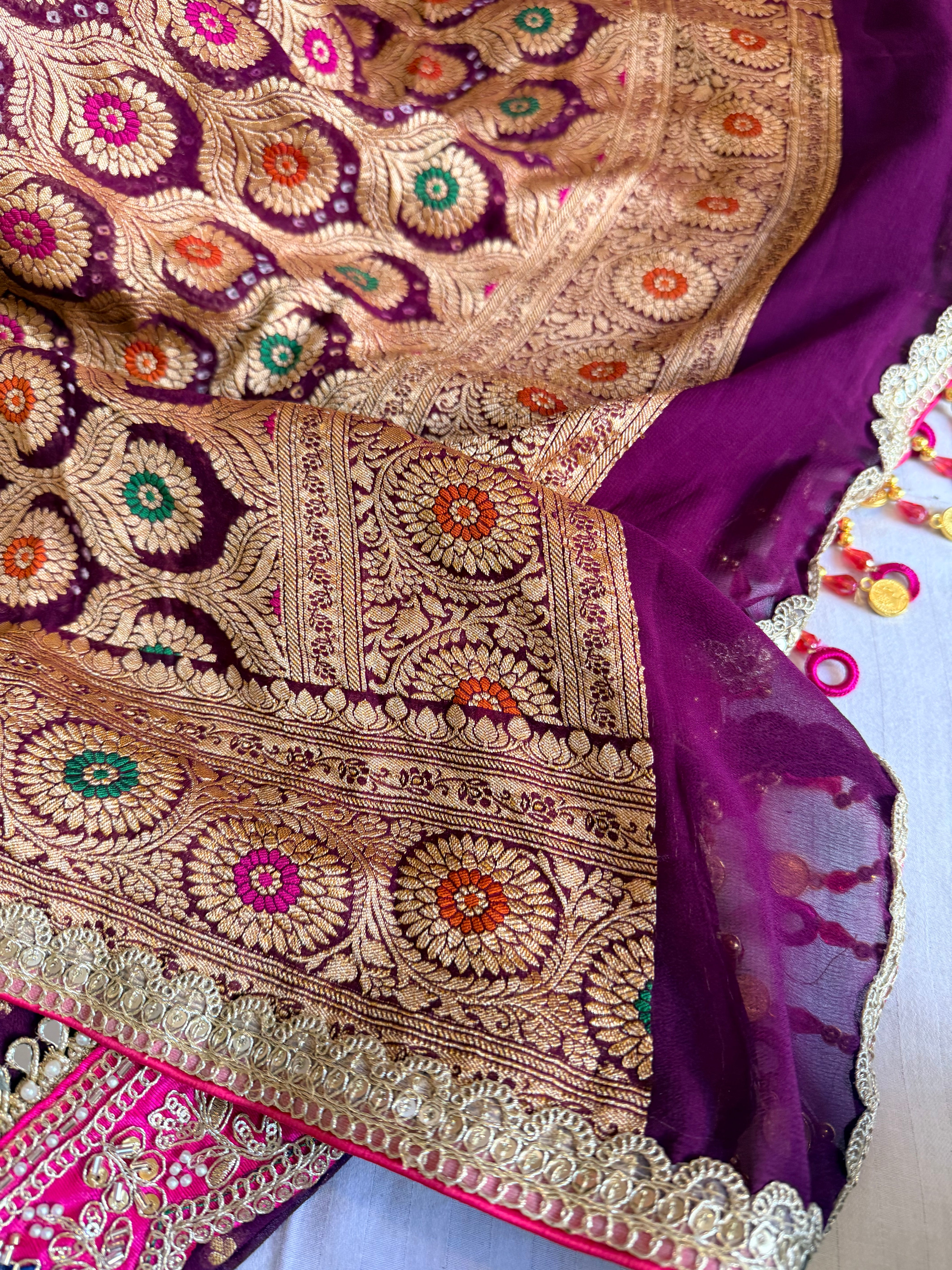 Rai bandhej brinjal purple banarasi chiffon gorgette gotapatti suits