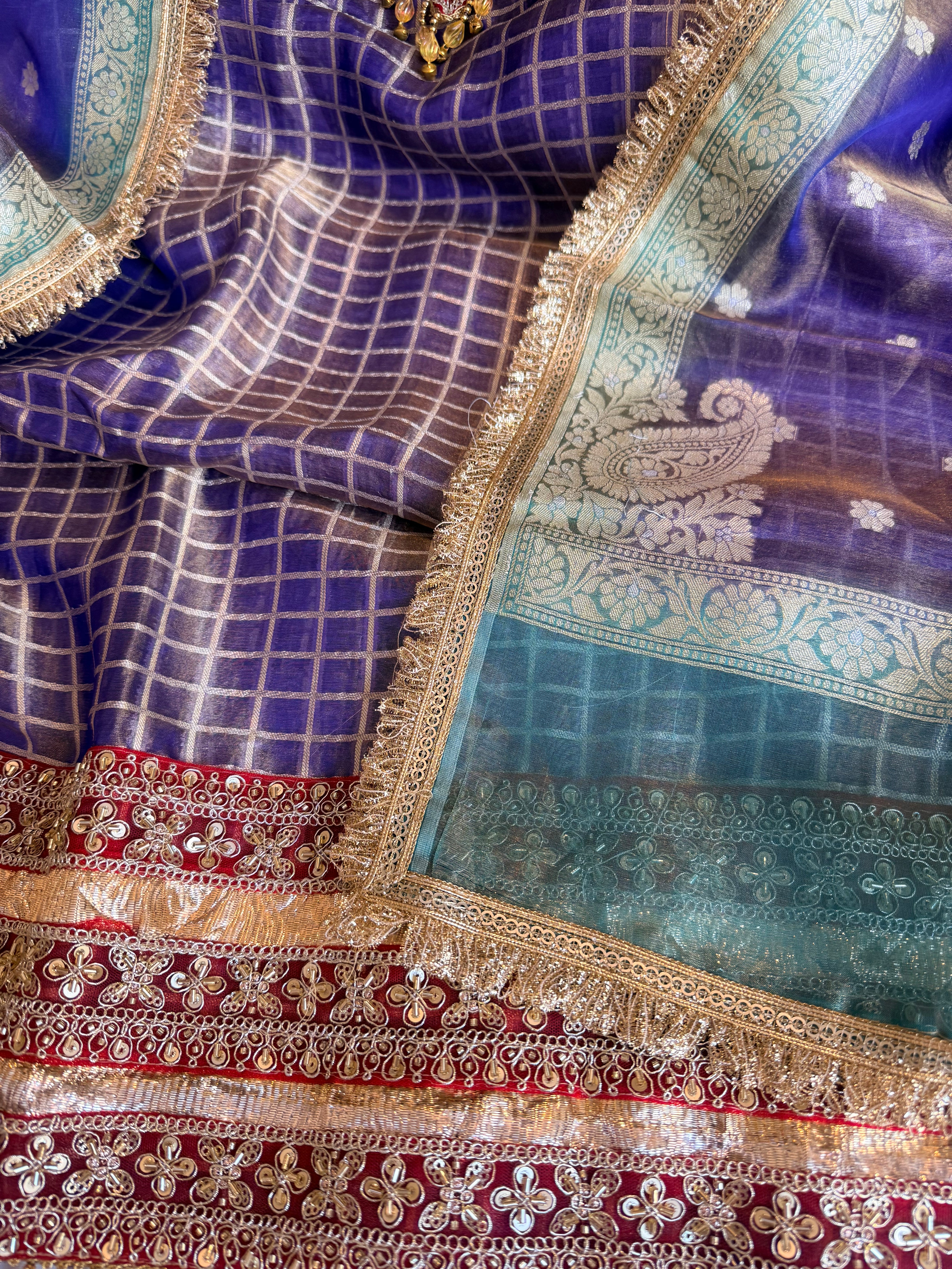 Banarasi tissue silk lampiwork chap dye hand embroidered embellished suit set