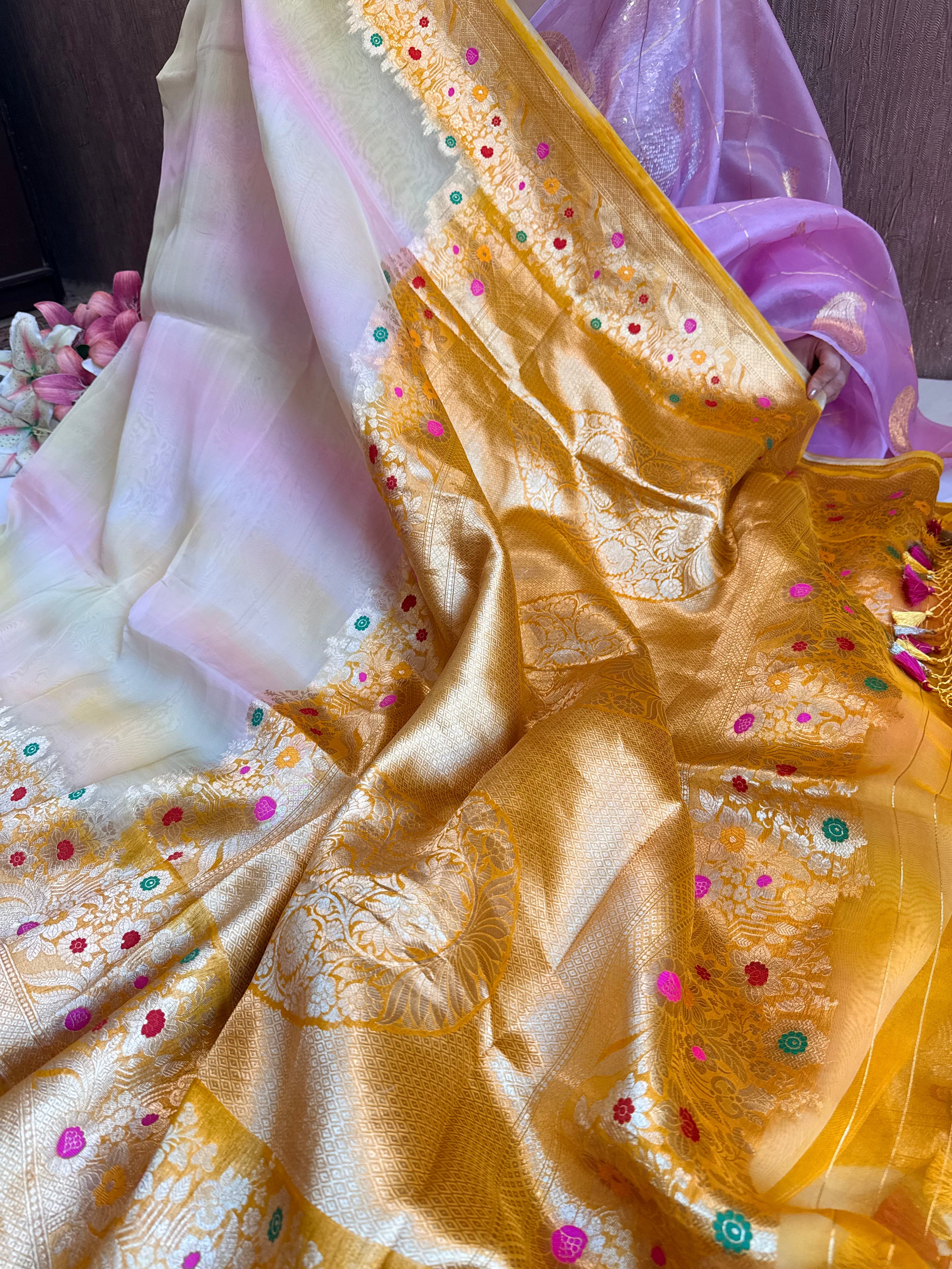 Rainbow dyed kora silk shaded kadhwa meenakari saree