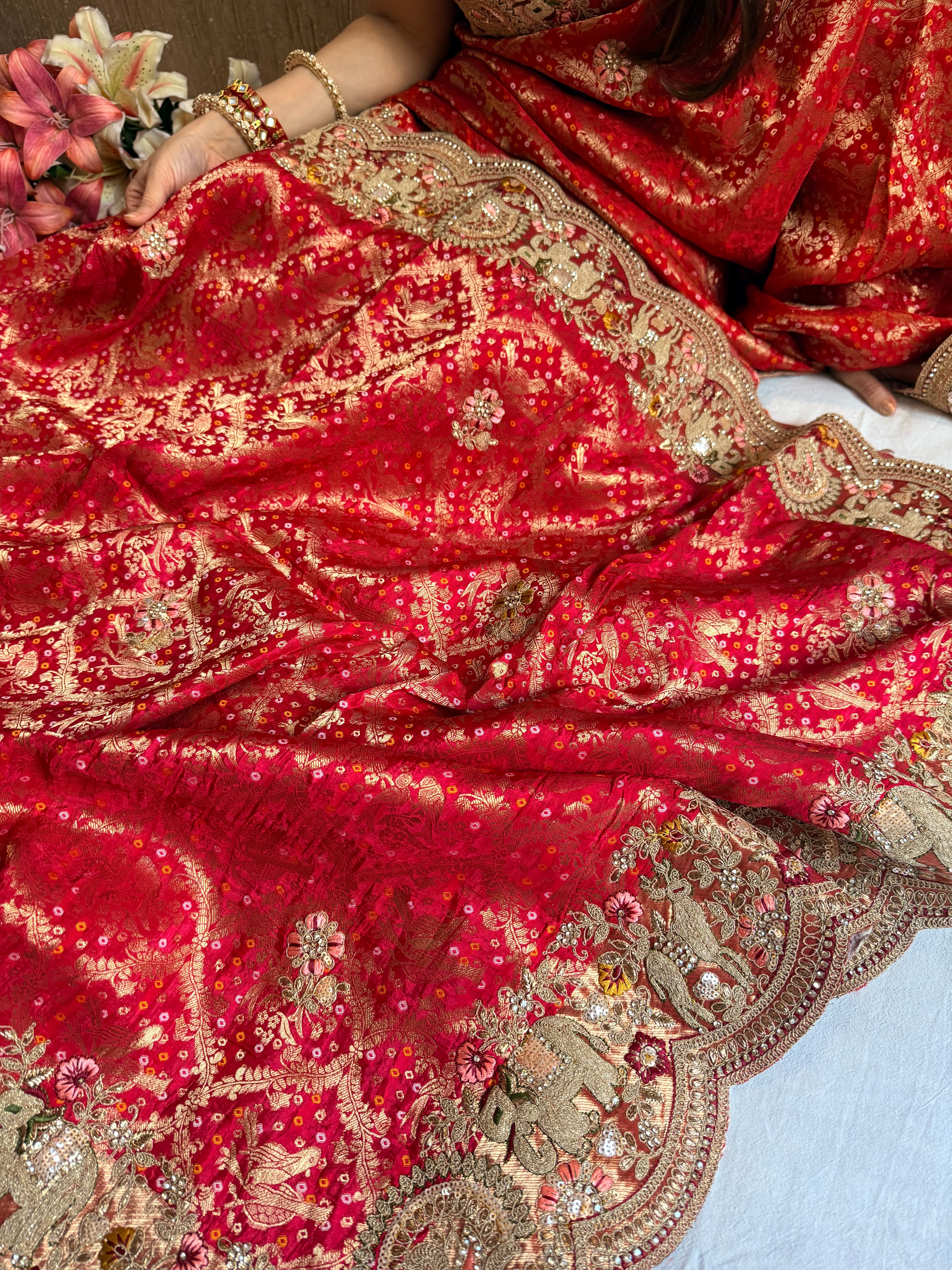 Banarasi bandhej crepe tissue silk embroidered saree