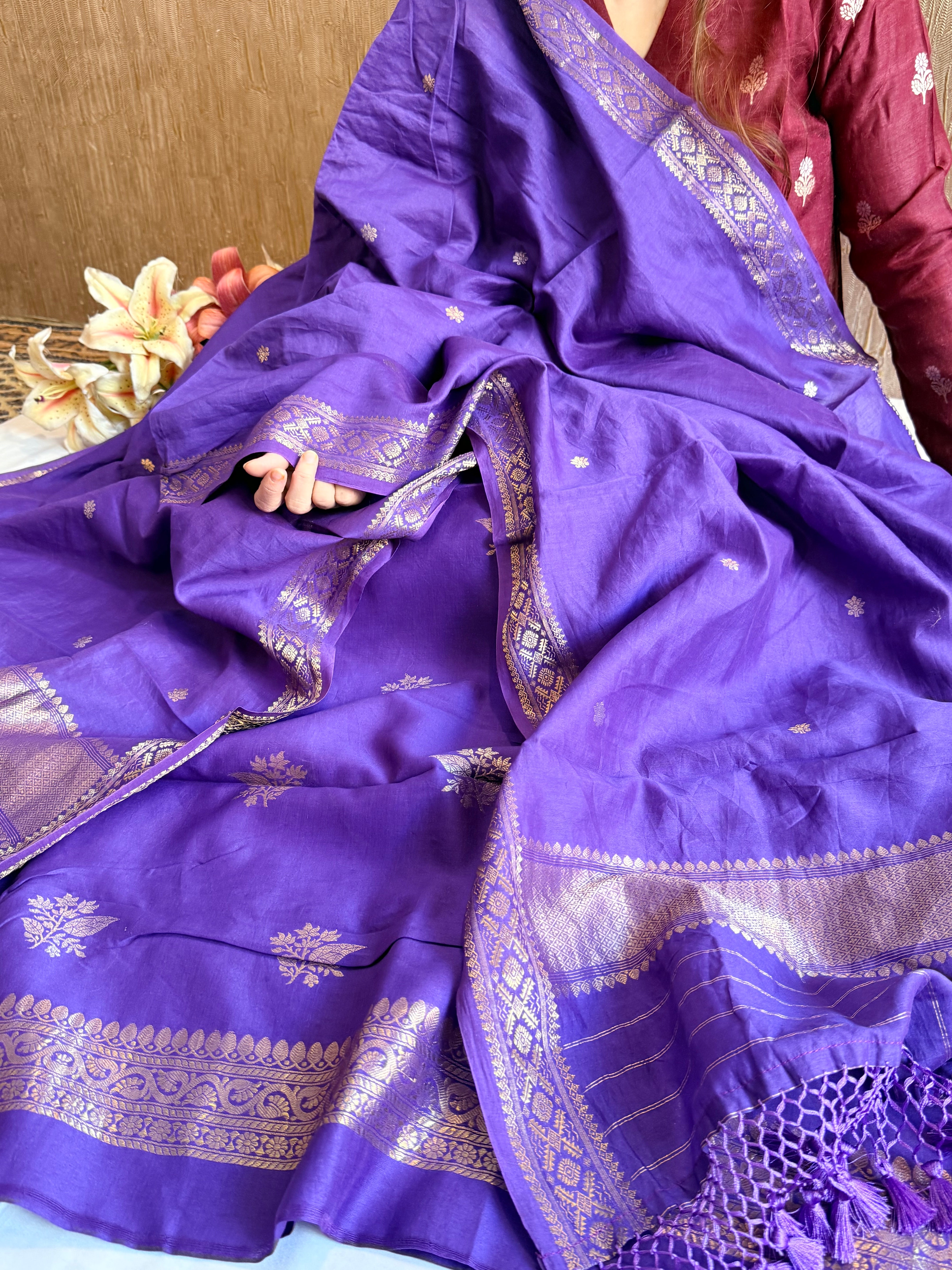 Mul cotton banarasi kadhwa buti deep purple suit set