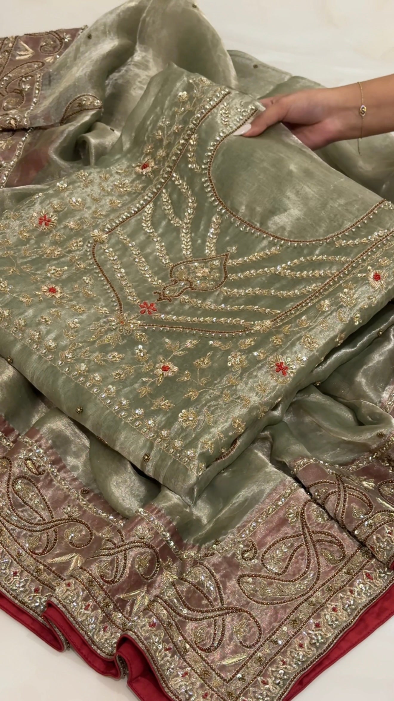 Umrao jaan inspired mint-red tissue silk hand embroidered kadhwa suit set