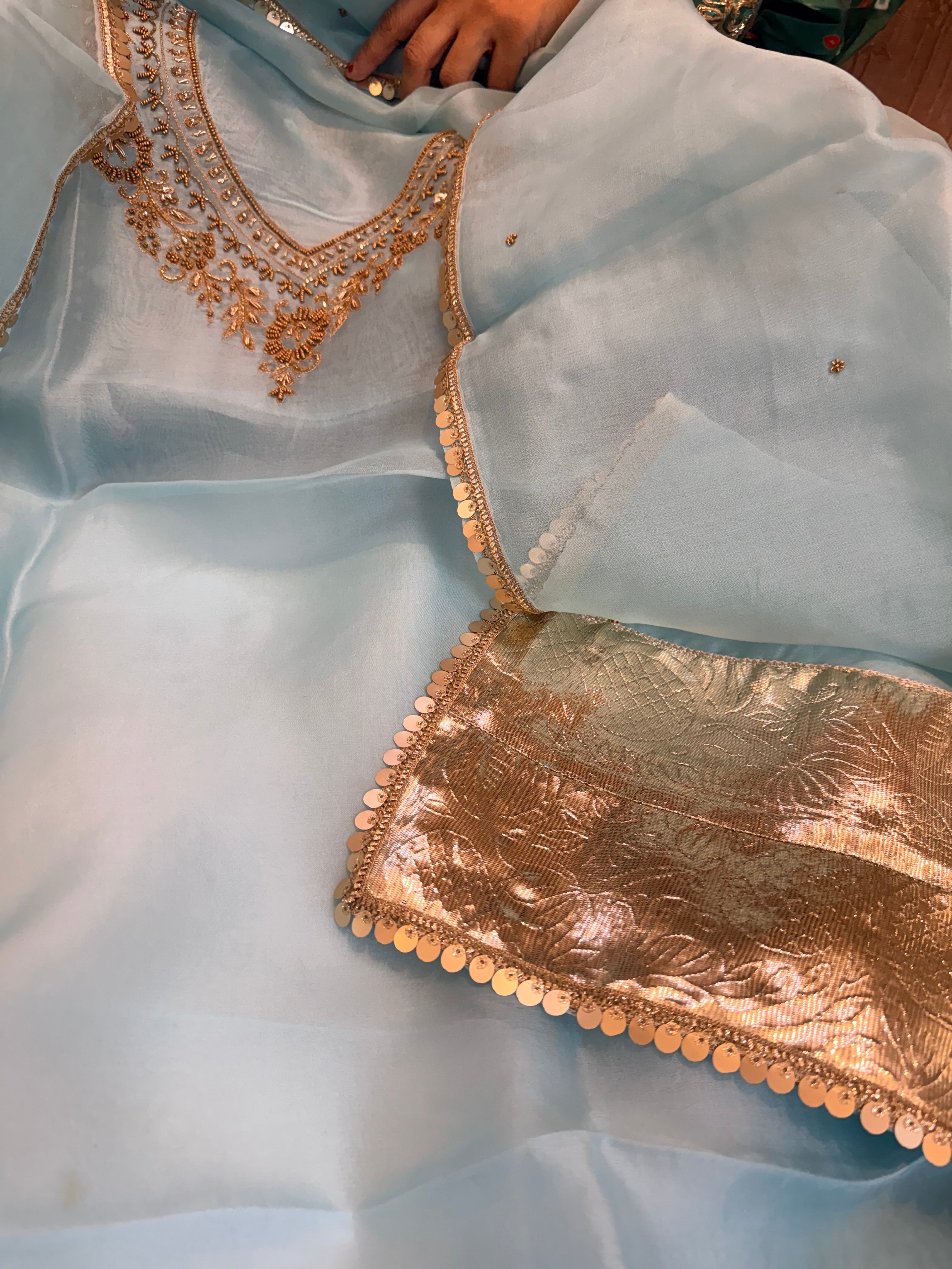 Ice blue kora silk gotapatti hand embroidered suit set