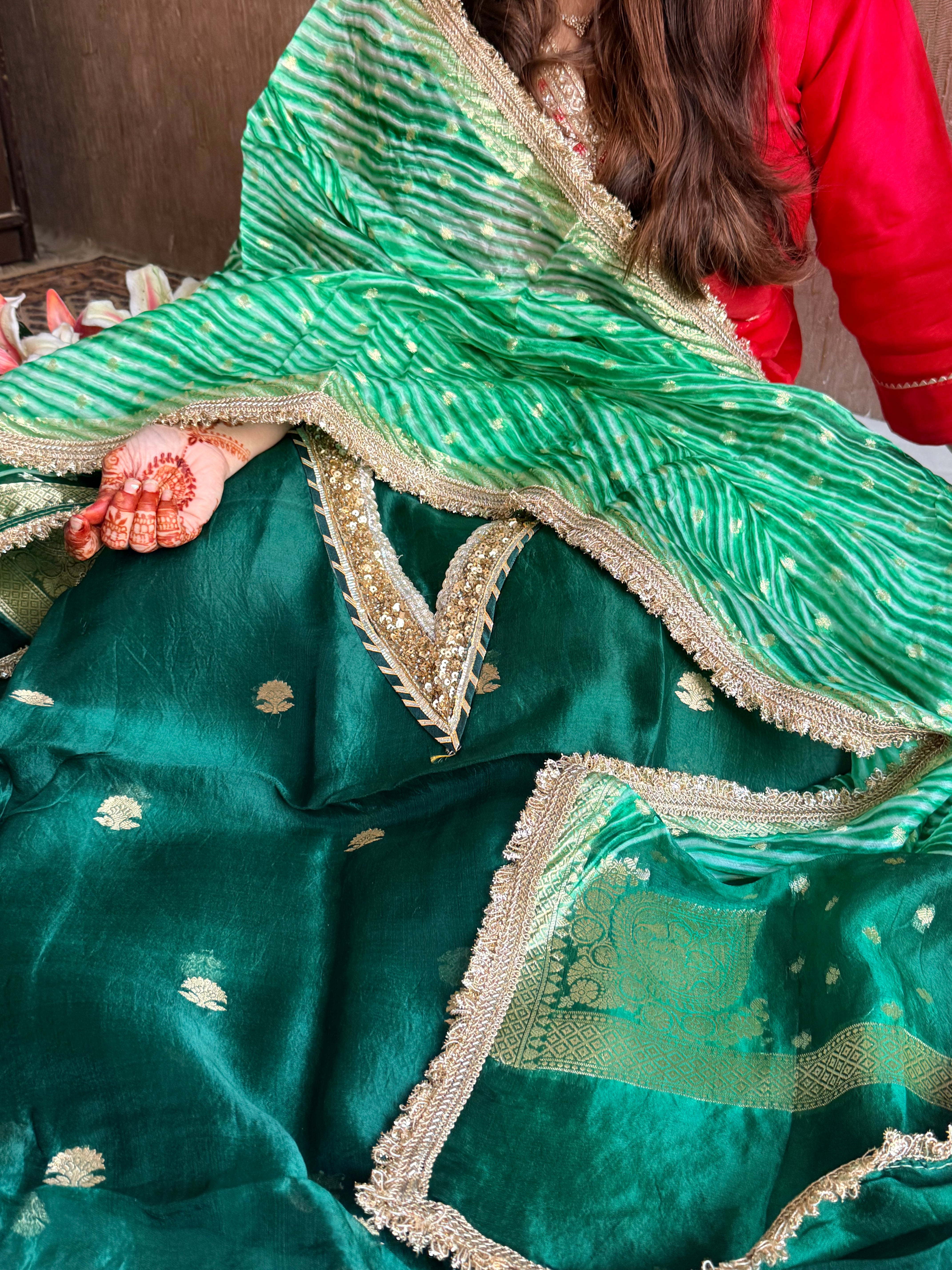 Arshi dye bottle green sequin work hand embroidered saree