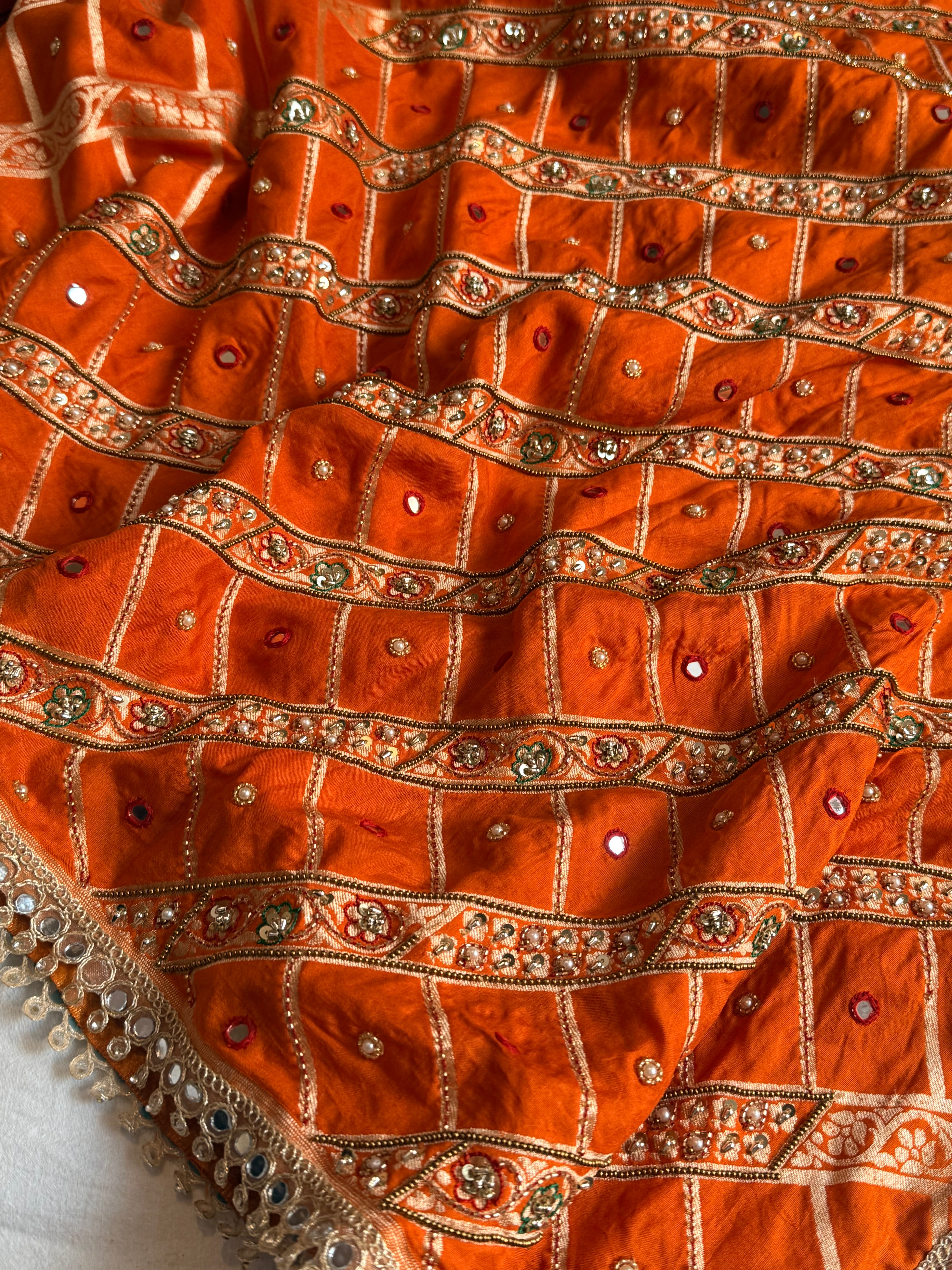 Spun chiniya silk mirrorwork hand embroidered banarasi saree