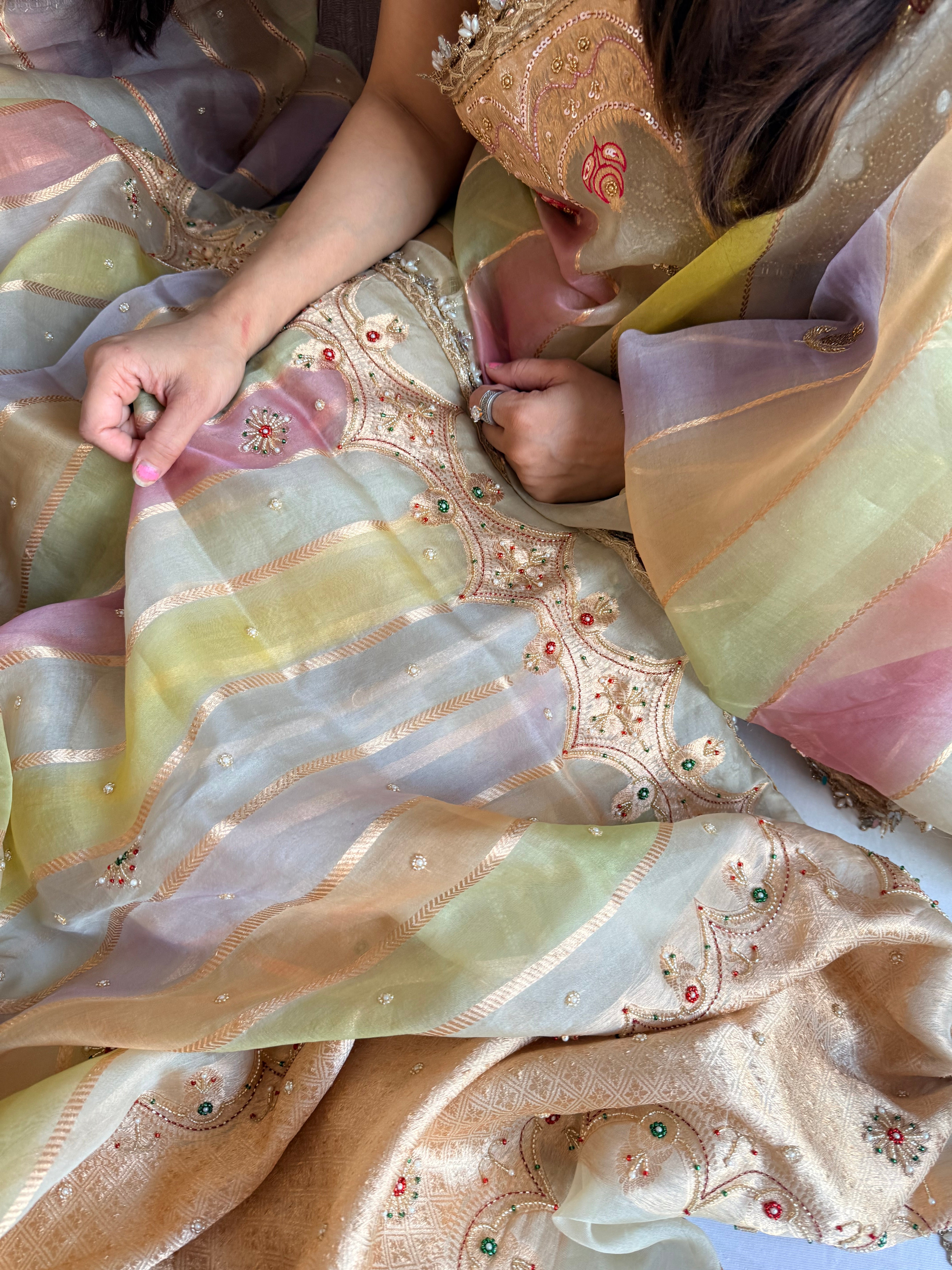 Rang birangi edit - Striped kora silk hand embroidered rangkaat saree