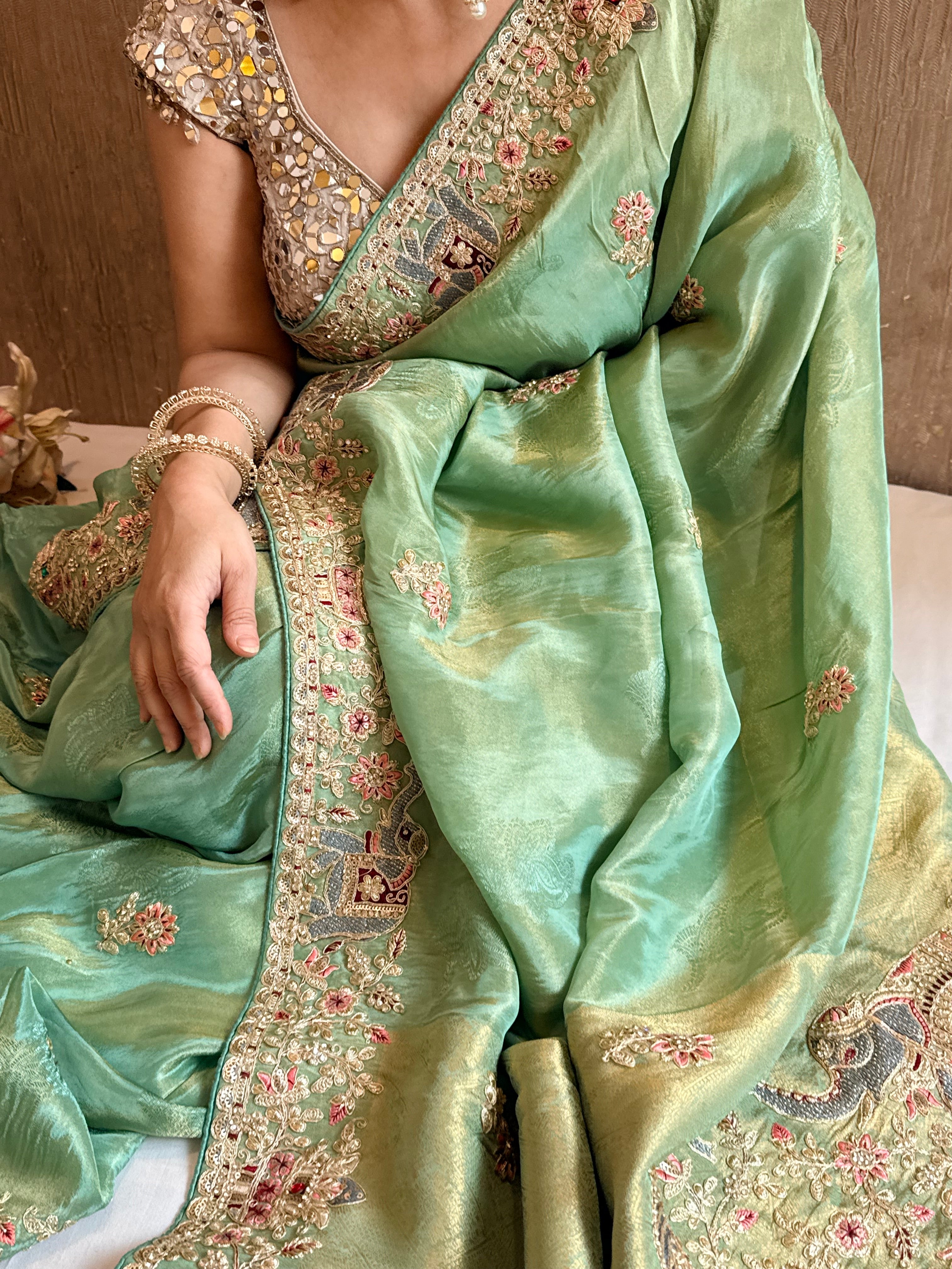 Sea green hathi wali crepe tissue embroidered saree