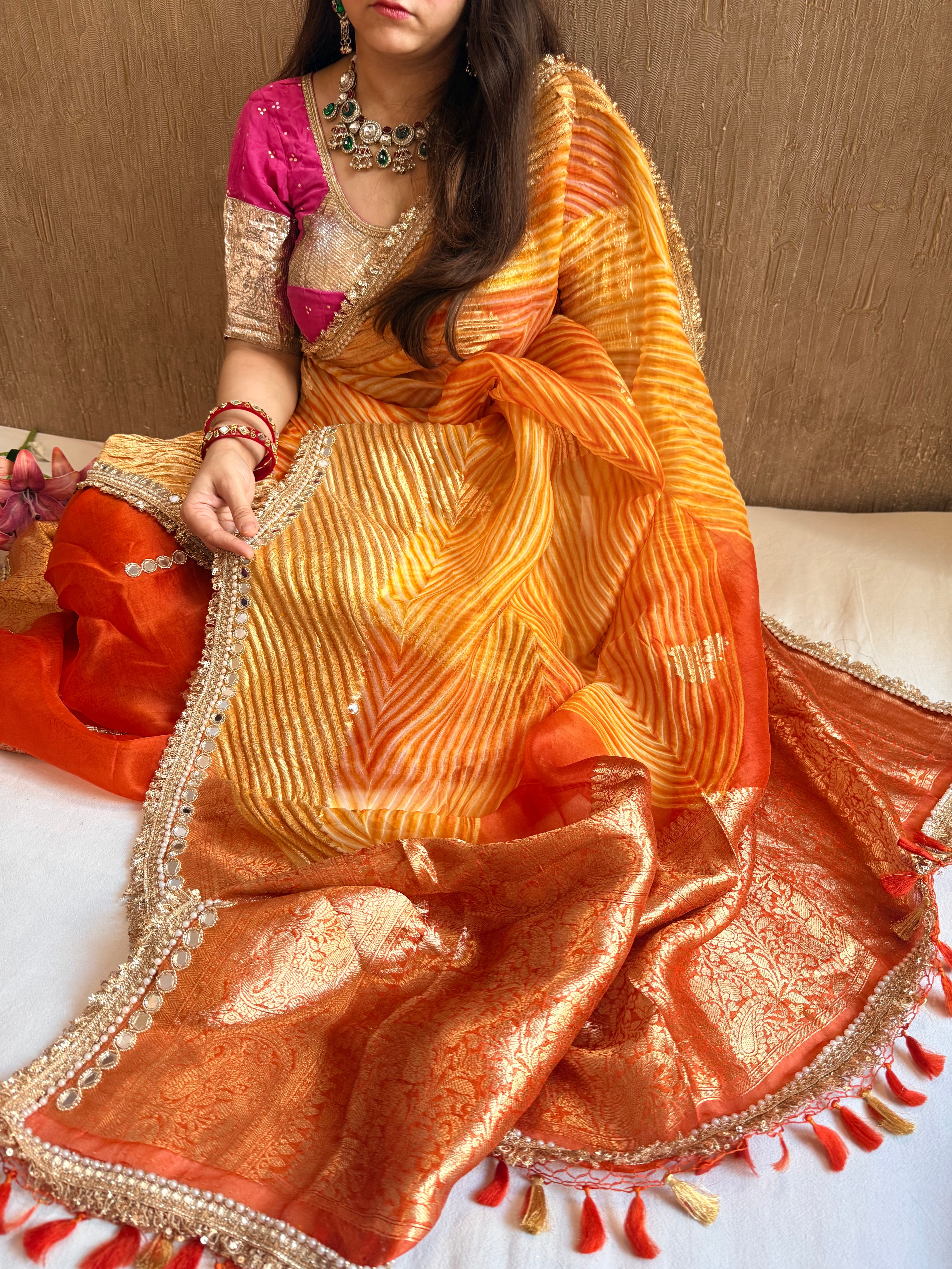 Sunset orange banarasi kora silk mirrorwork arshi dyed kadhwa saree