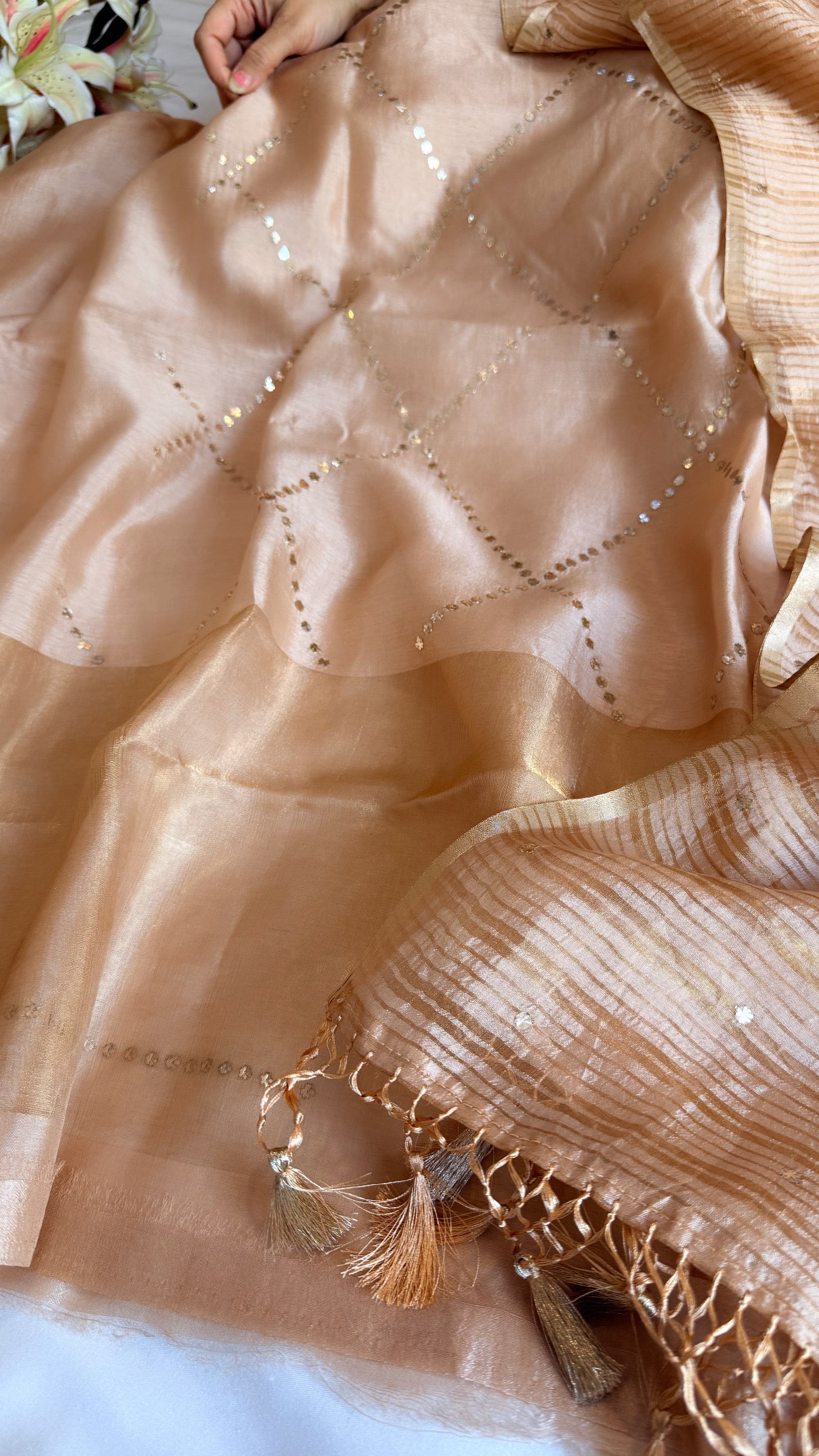 Summer suit edit - Spun chiniya silk mukaish work rose brown hand embroidered suit set