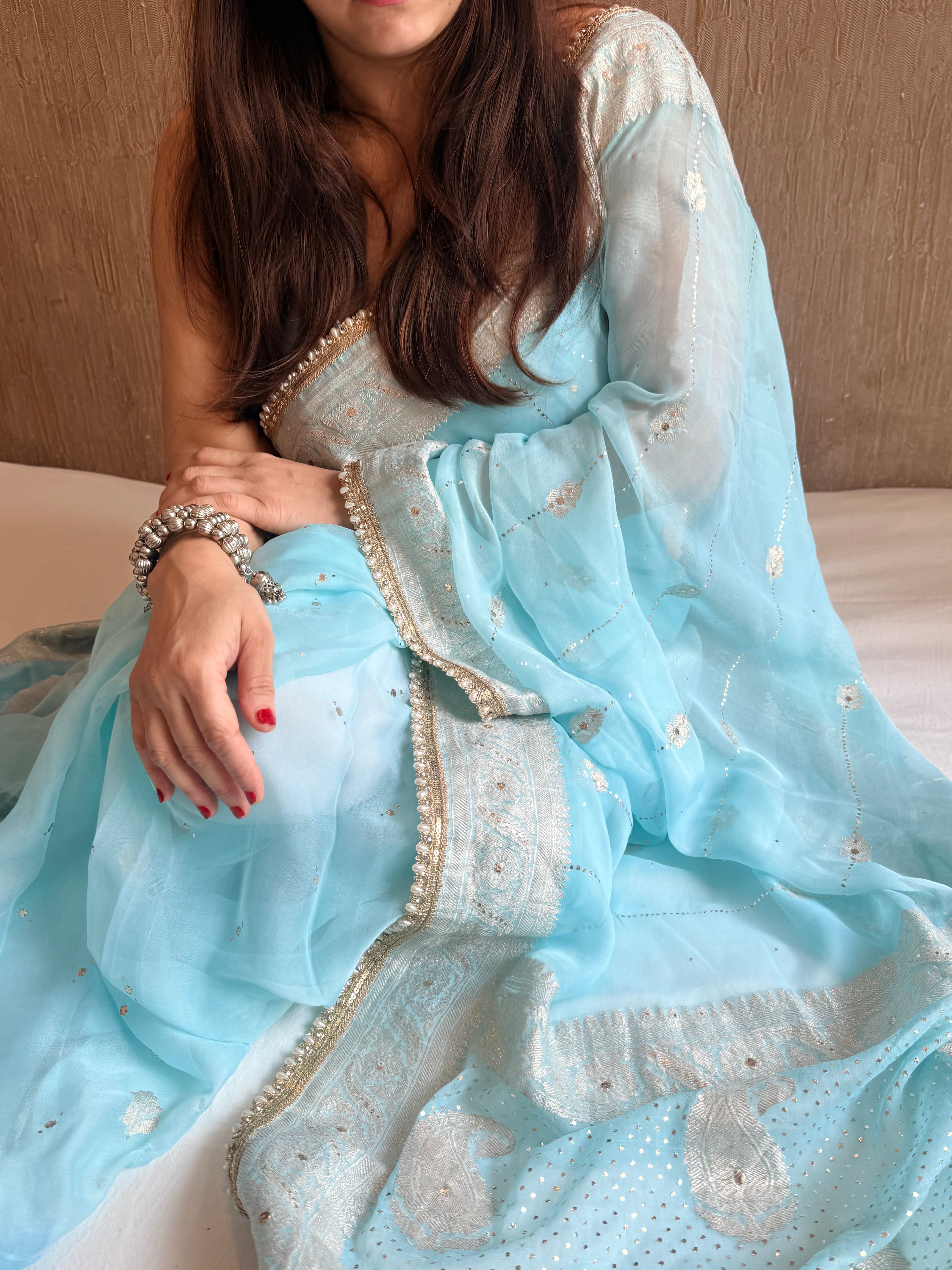 Chiffon gorgette banarasi firozi blue mukaish work hand embroidered saree