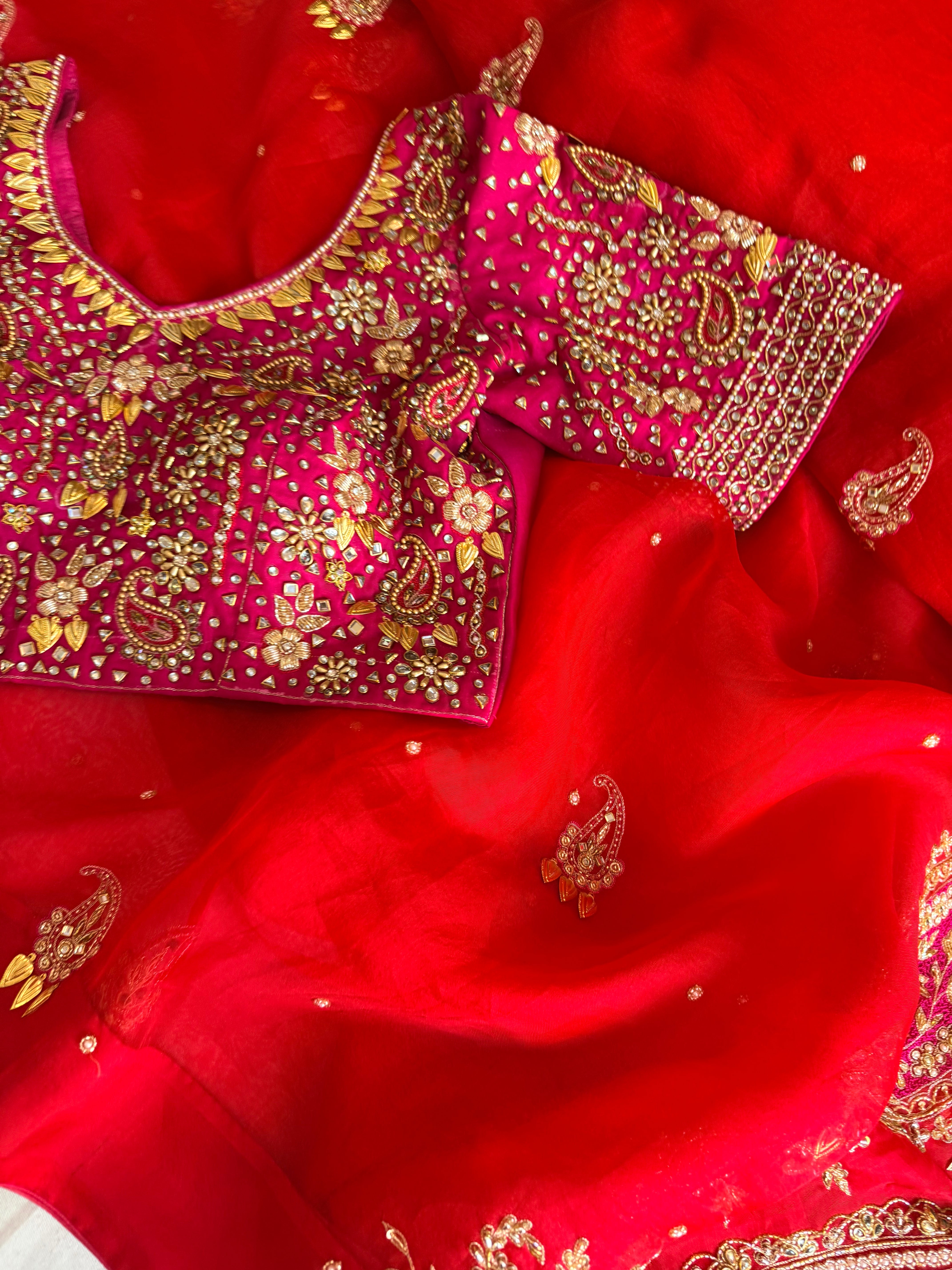 Traditional carry motif - rani and red combination kora silk hand embroidered saree