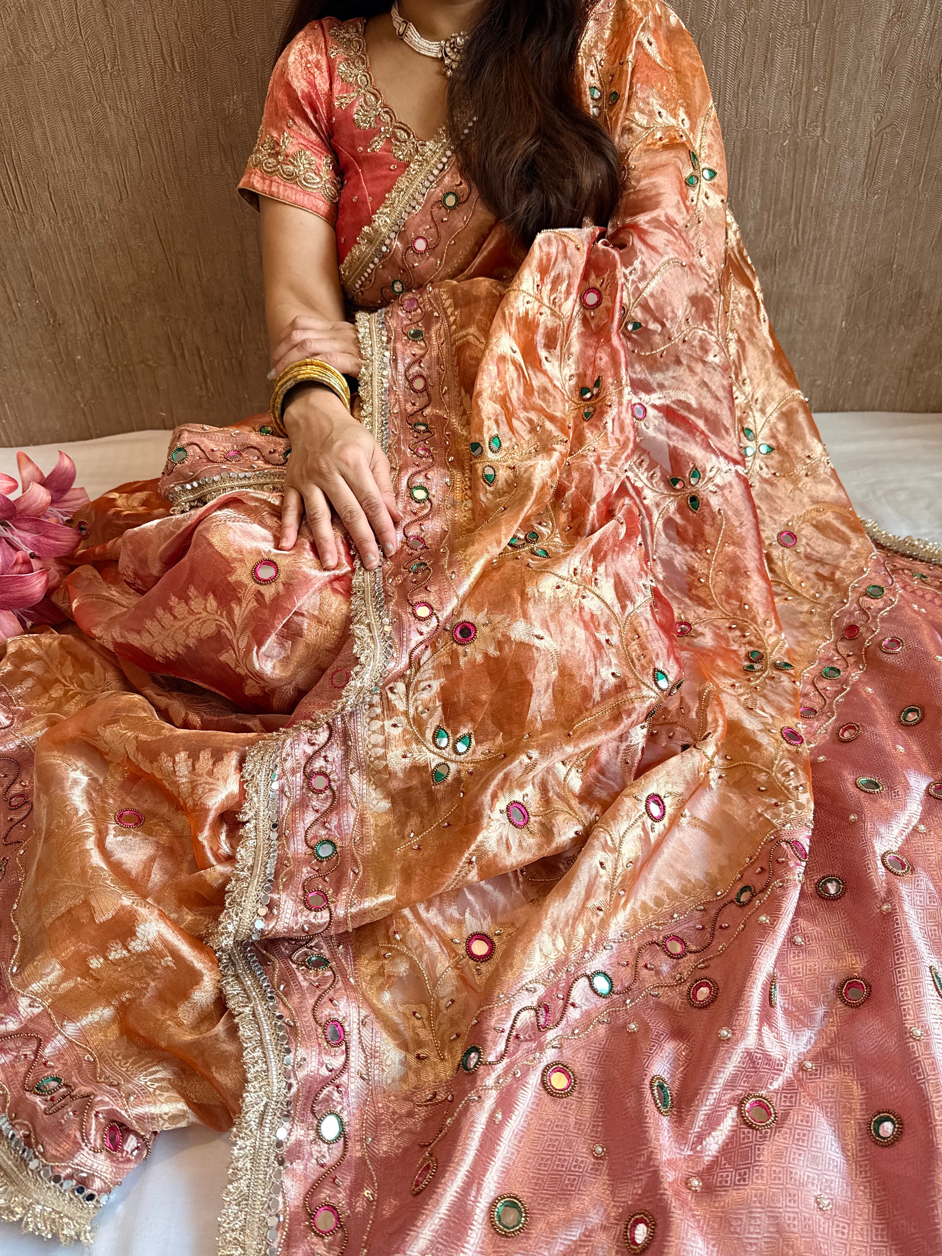 Kumkum edit tissue silk jaalwork hand embroidered saree