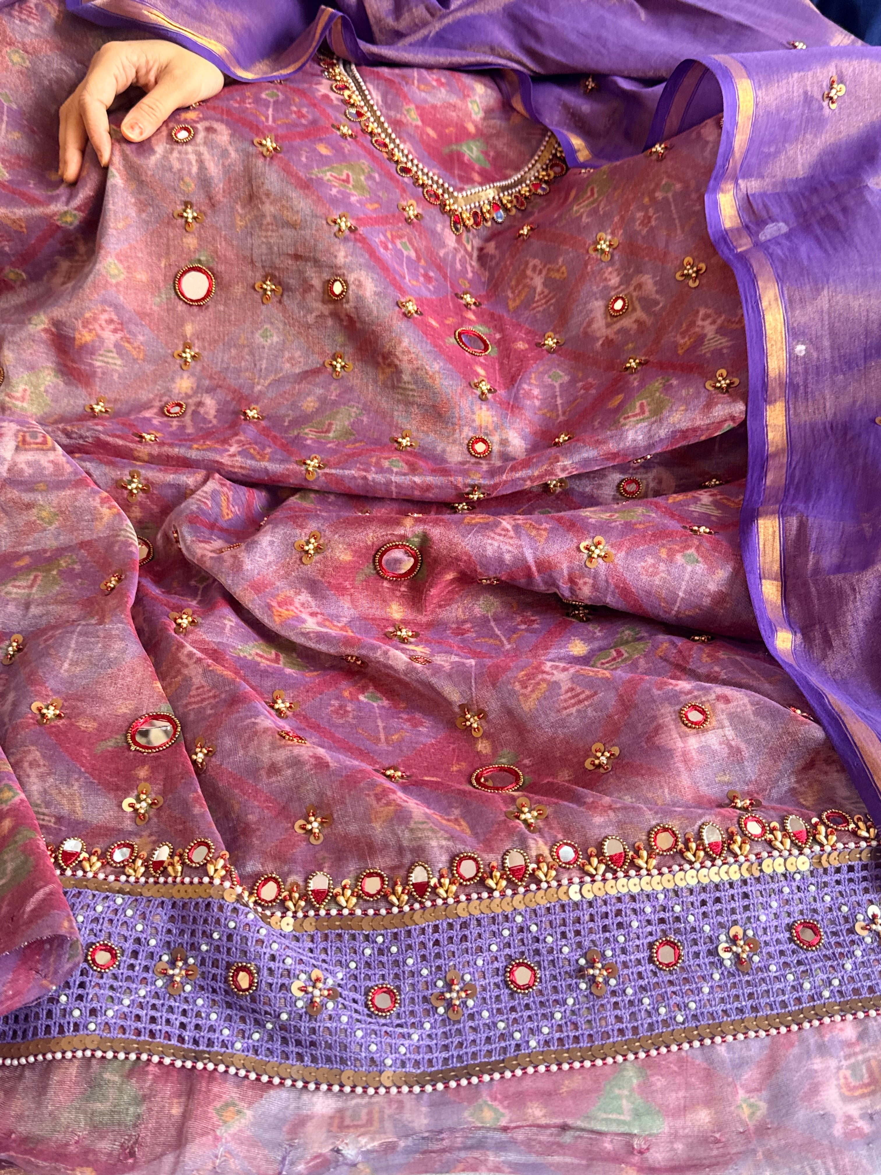 Patola weaving hand embroidered mul cotton tissue suit sets