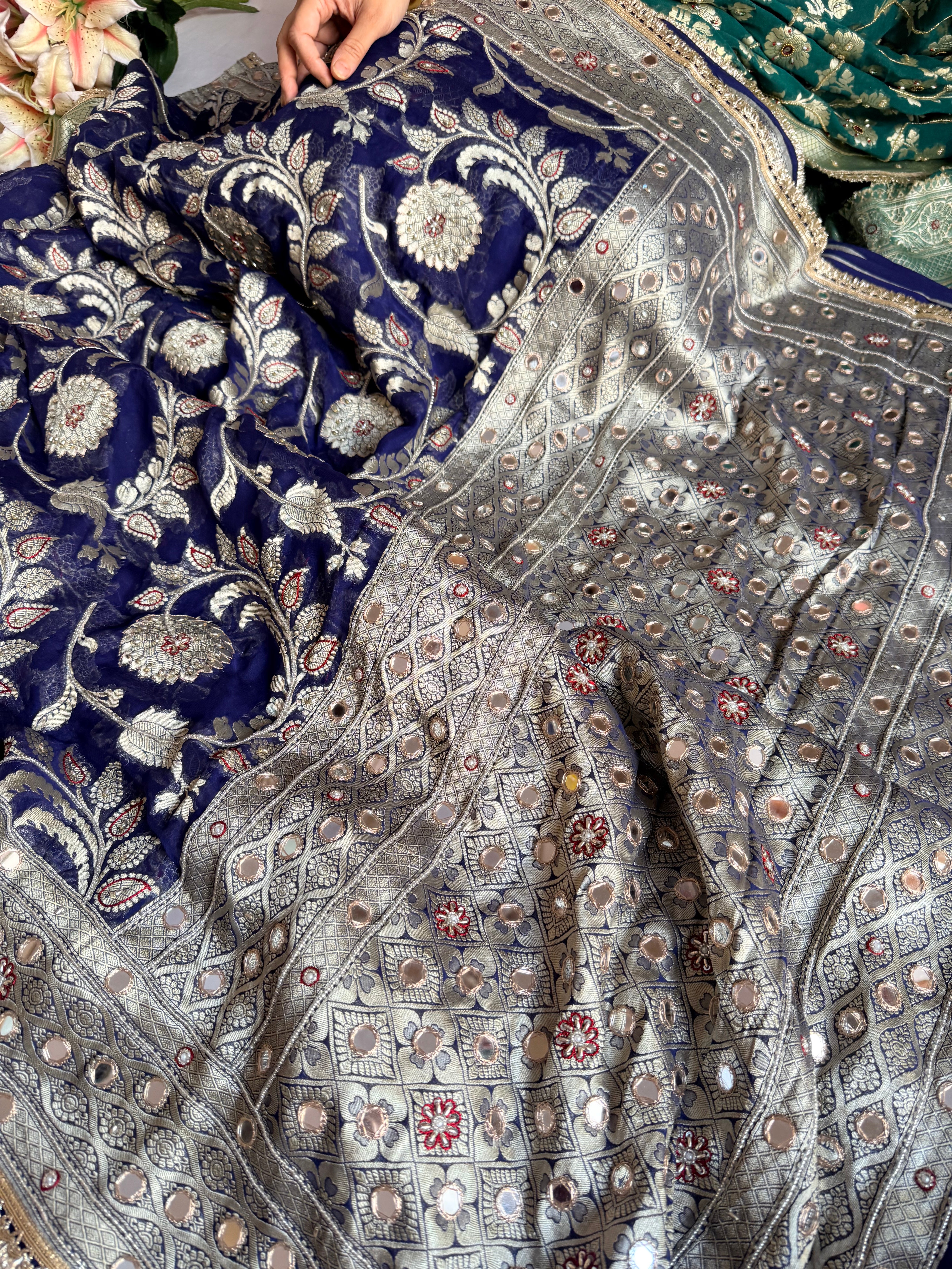 Banarasi chiffon gorgette kadhwa weaving hand embroidered saree