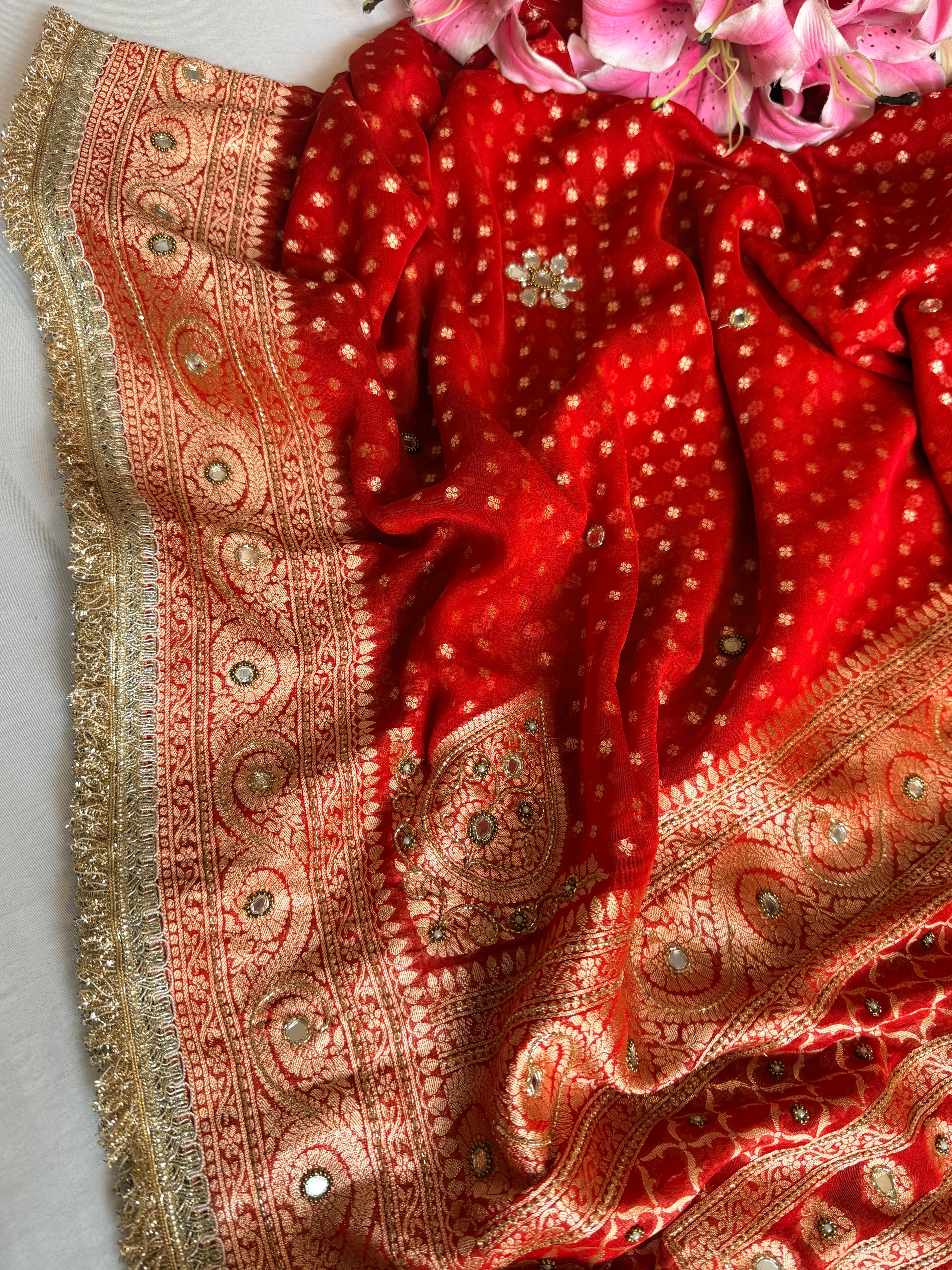 Bridal red chiffon gorgette kohniya buti hand embroidered saree