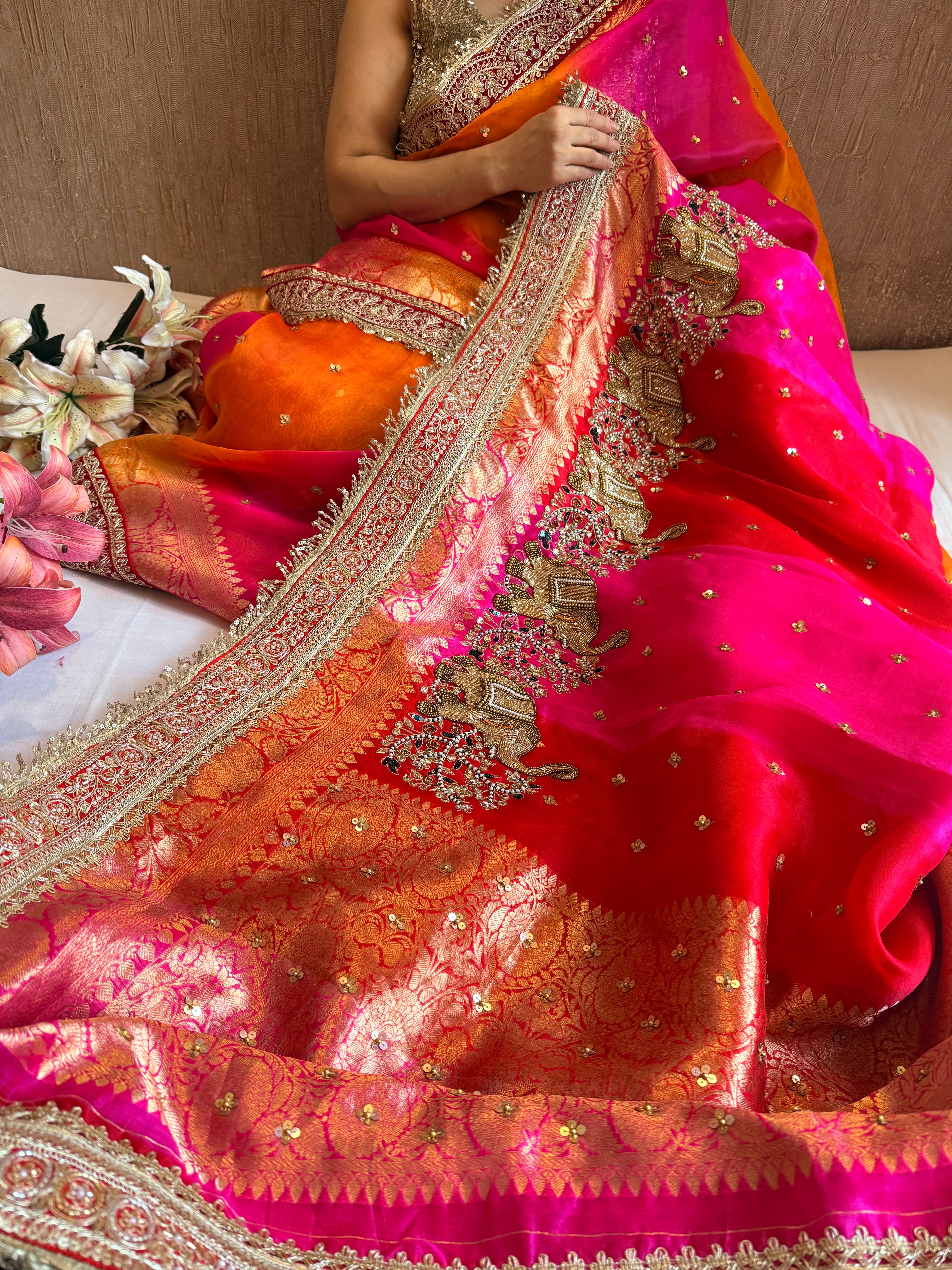 Red-Rani ombre shaded kora silk chunri buti hand embroidered saree