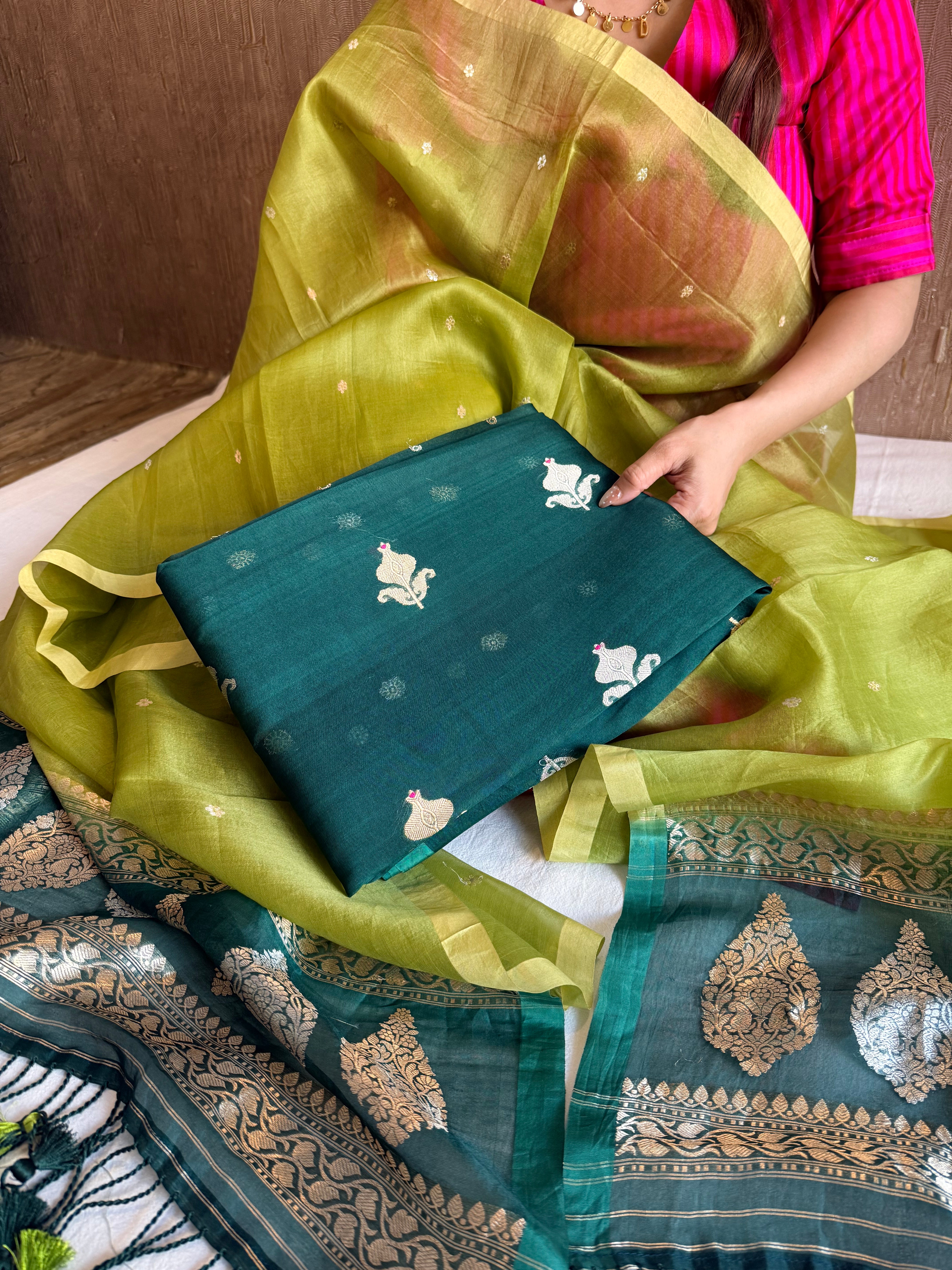 Olive green-bottle green shaded kora silk chal dye kadhwa banarasi suit set