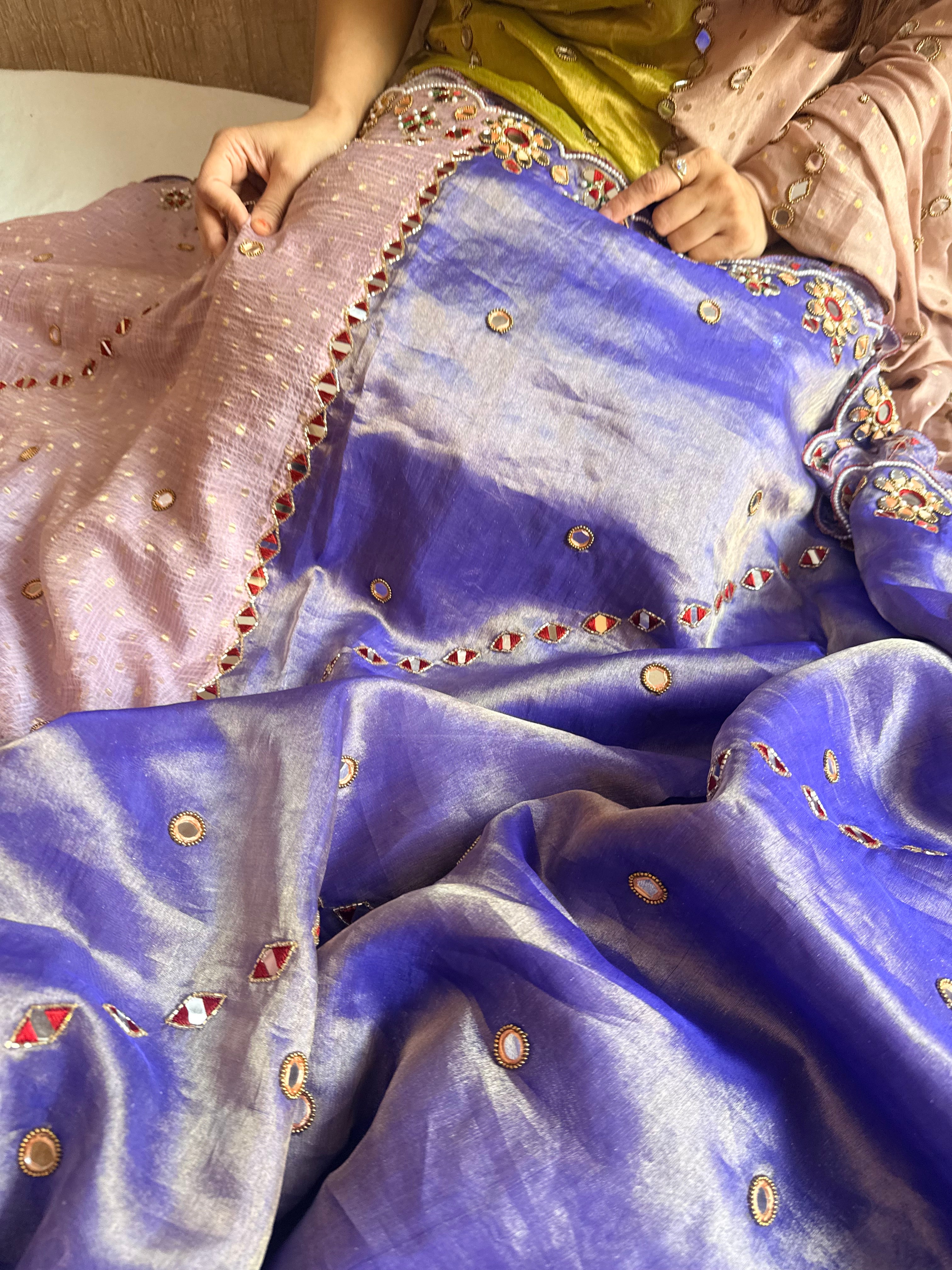 Tyohaar edit - Chiffon tissue gorgette mirrorwork half-half kafhwa buti saree
