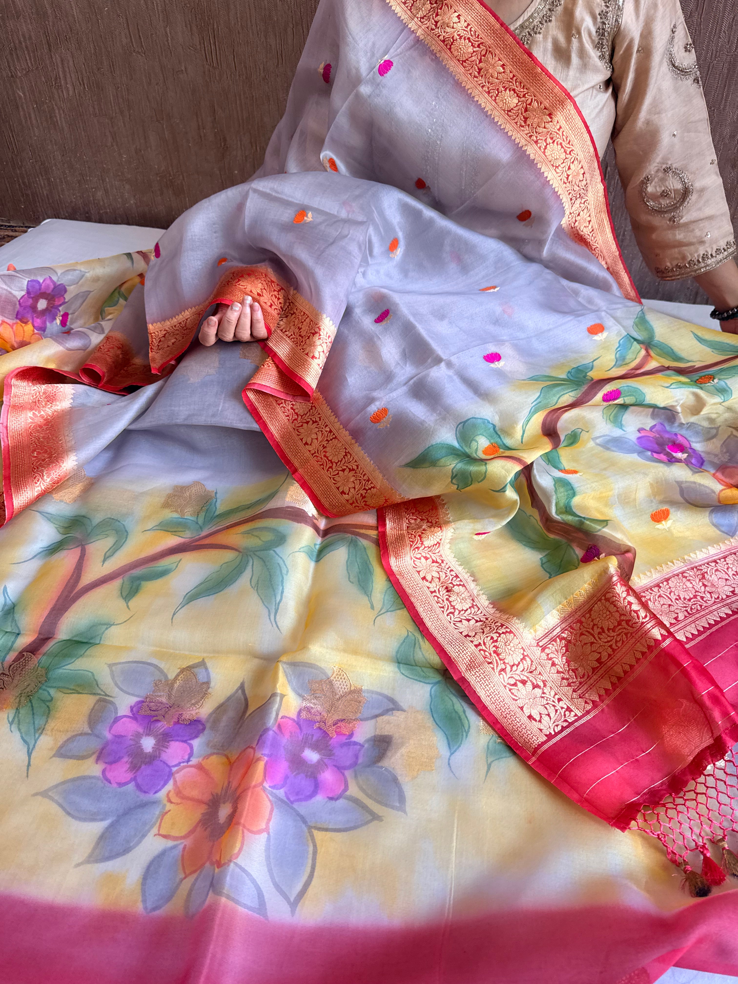 Rainbow dyed kora silk handpainted brush dyed banarasi suit sets