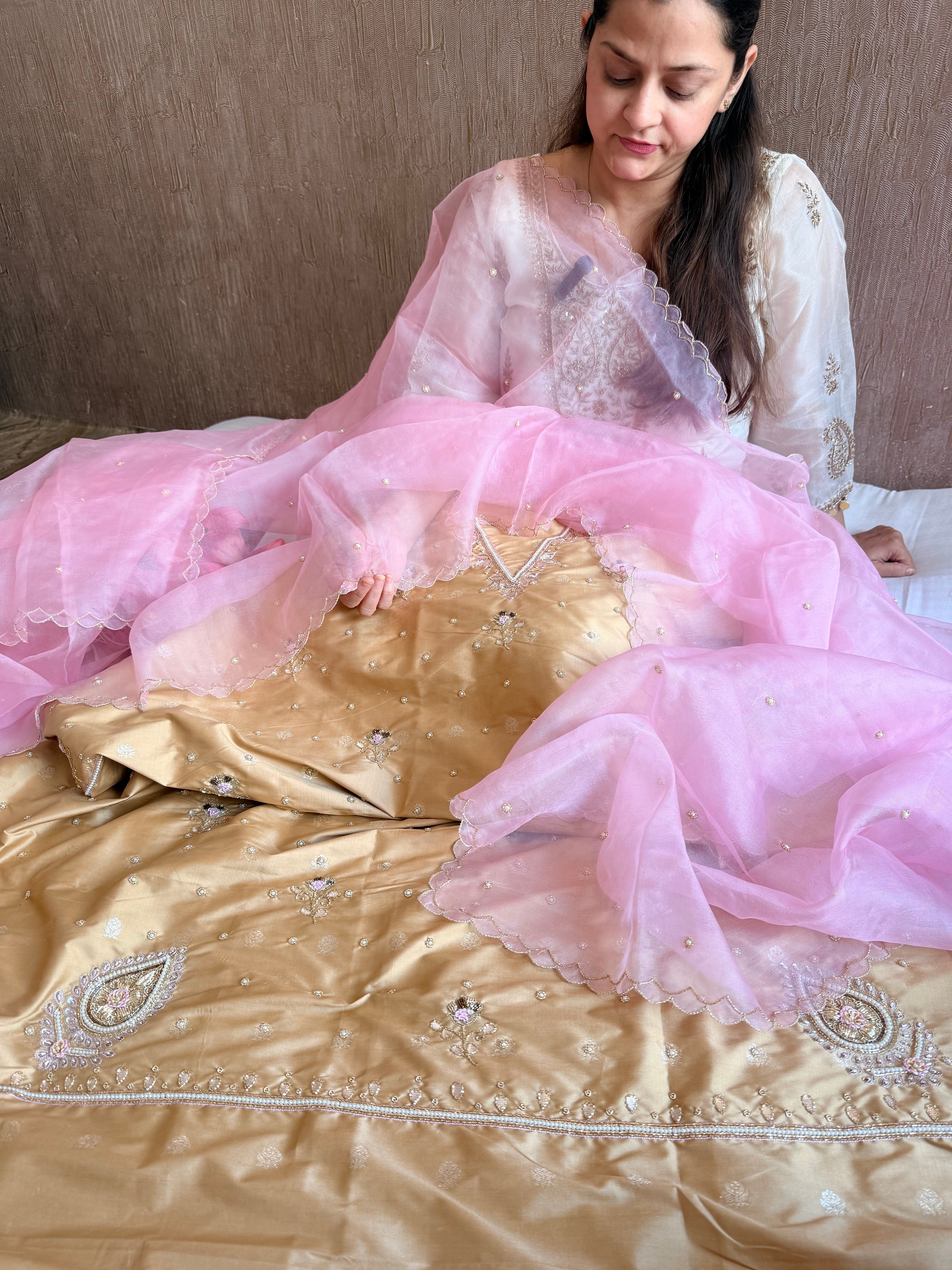 Katan silk hand embroidered banarasi kurta paired with kora silk duppata