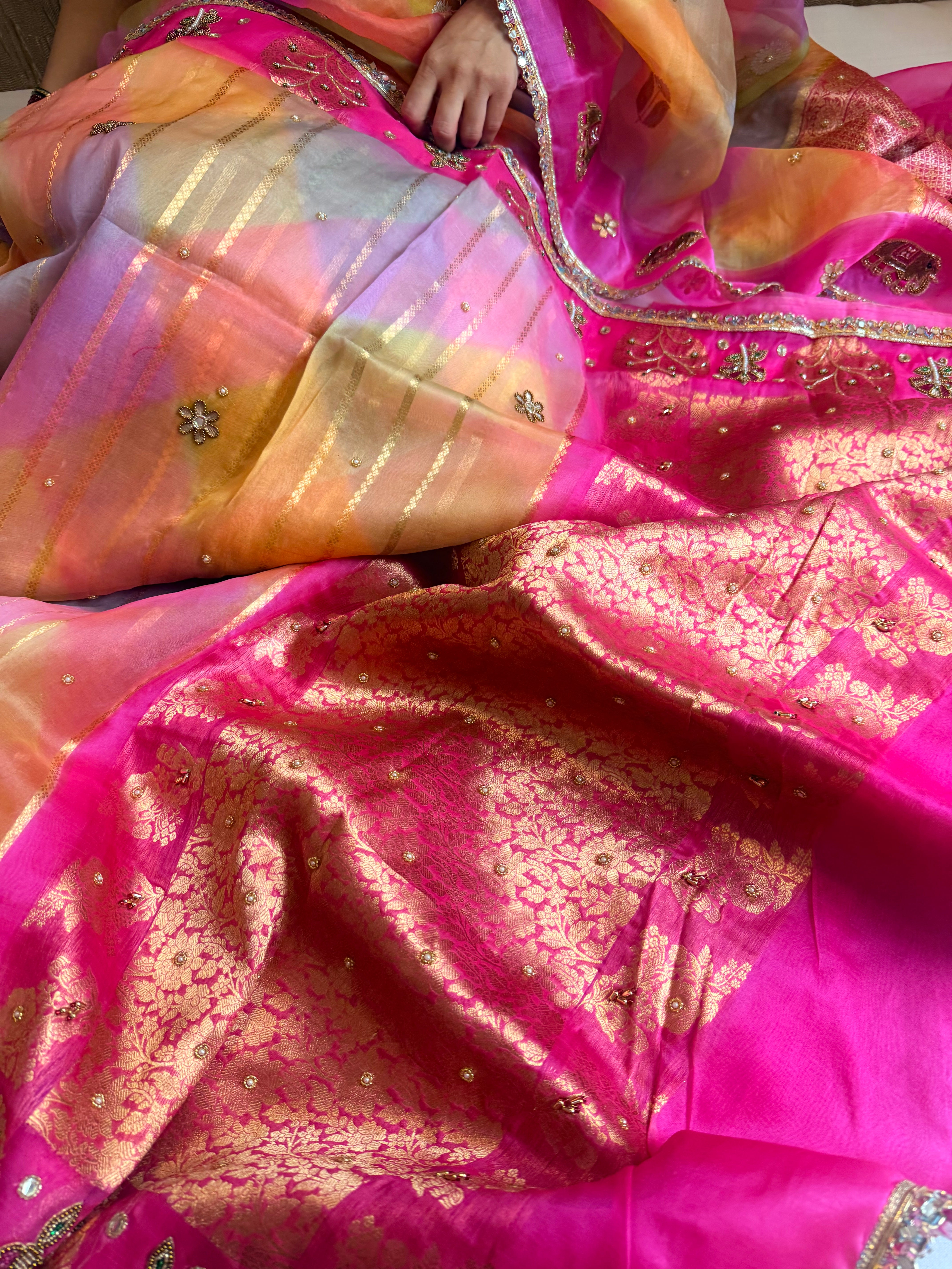 Gulab ka ras - Kora silk rangkaat weaving hand embroidered zubieda inspired saree