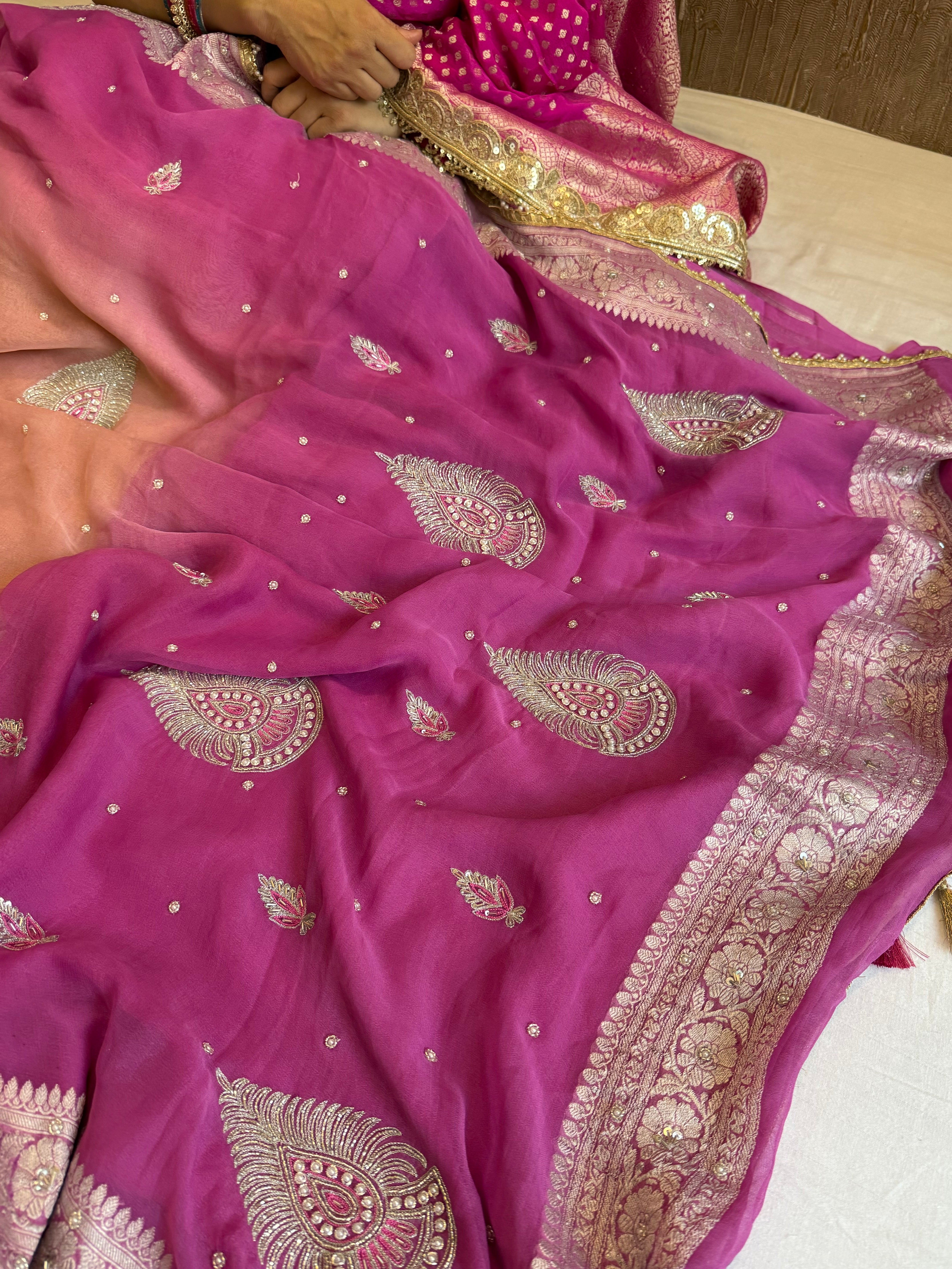 Paro banarasi chiffon gorgette hand embroidered kadhwa saree